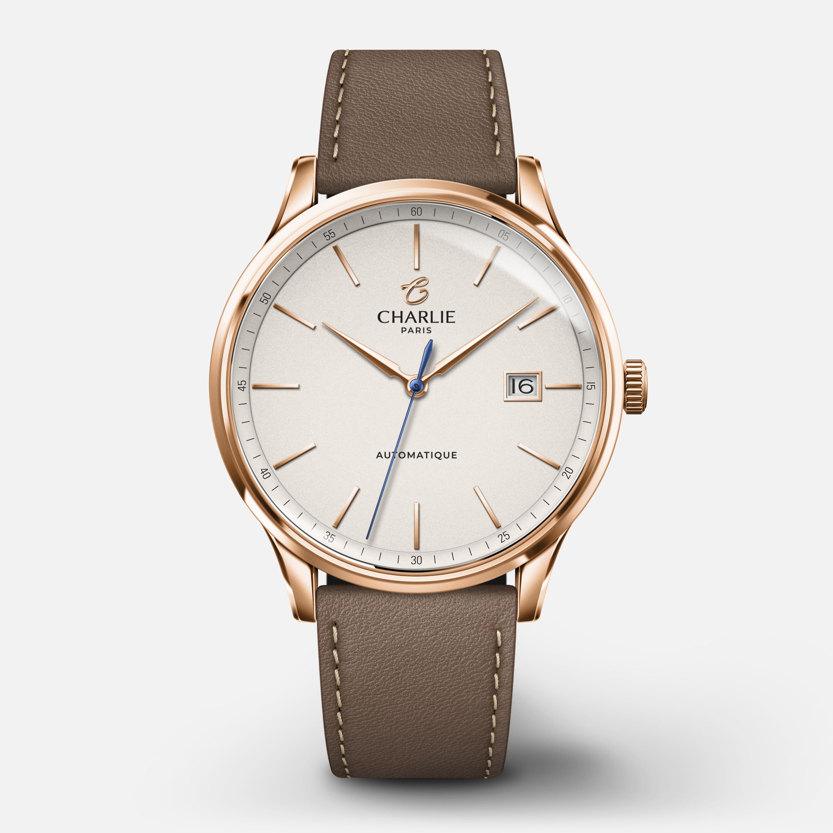 INITIAL - Automatique Slim - Doré rose Montres CHARLIE Cuir taupe