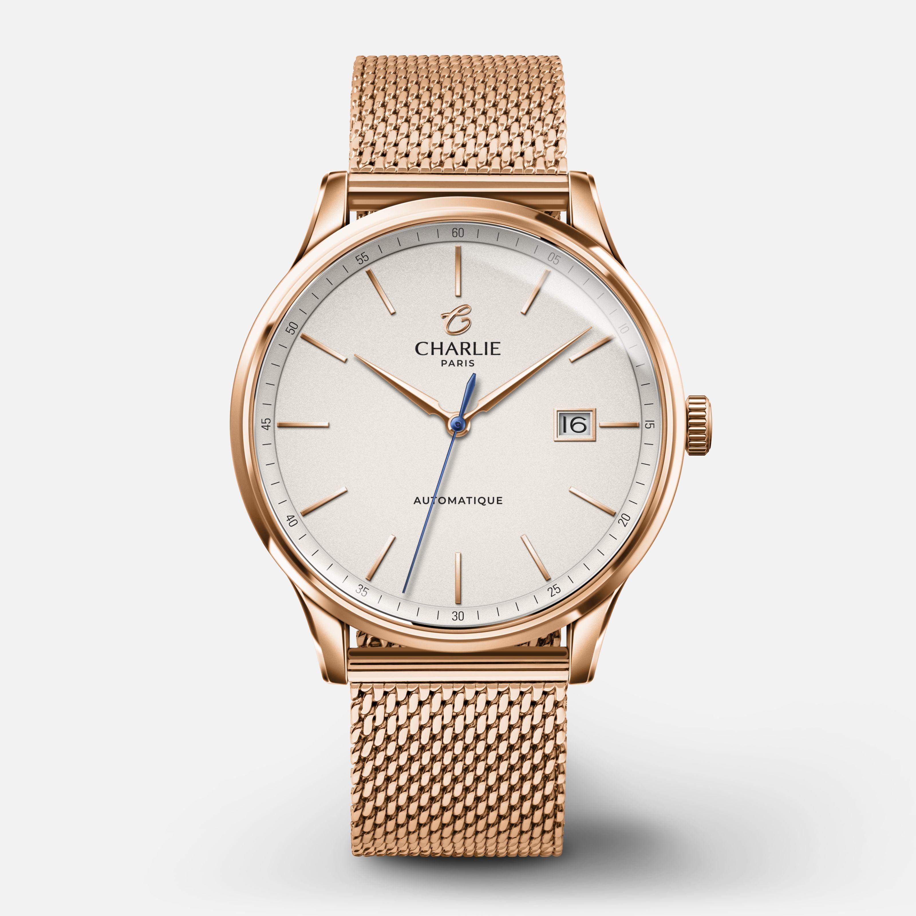 INITIAL - Automatique Slim - Doré rose Montres CHARLIE Maille milanaise