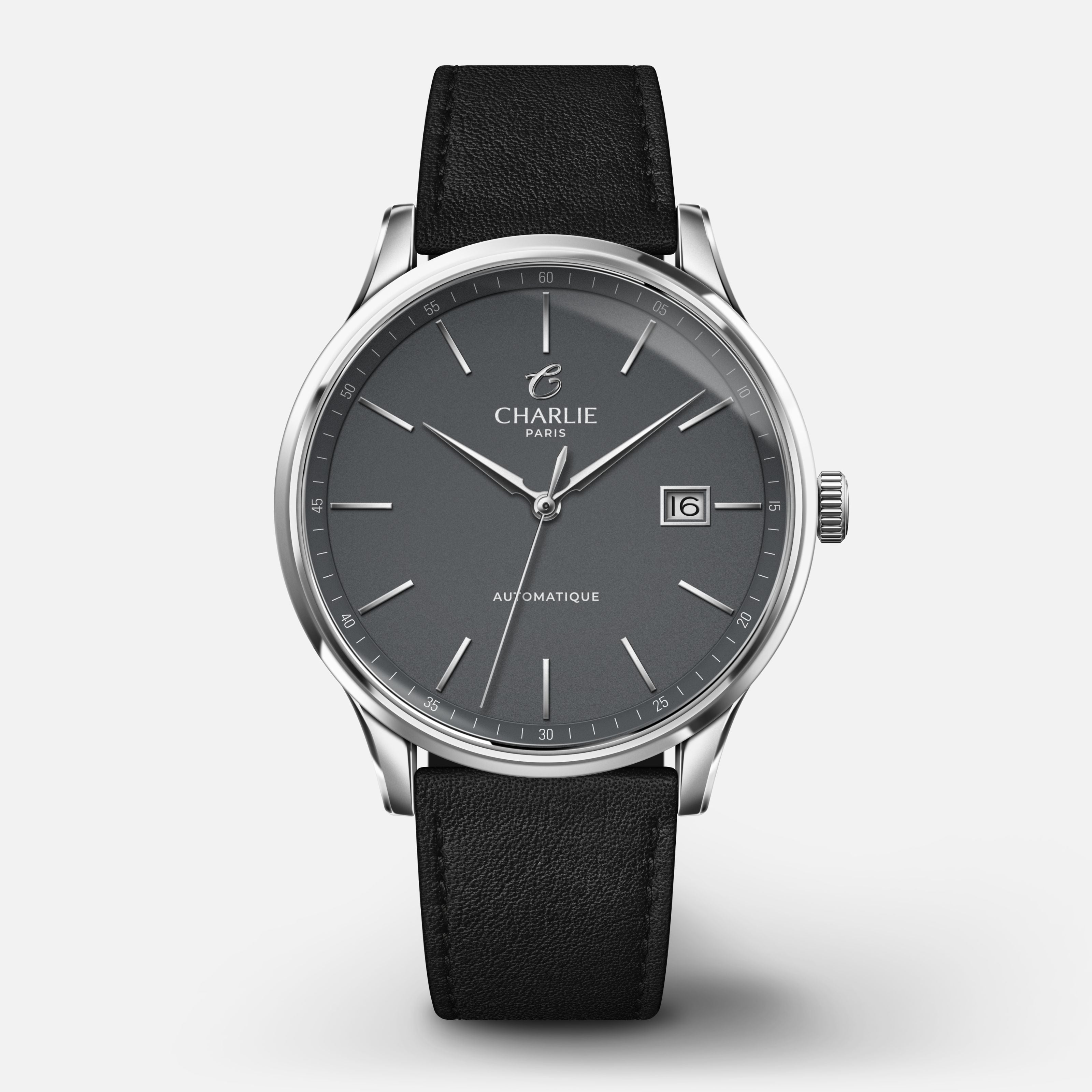 INITIAL - Automatique Slim - Gris Montres CHARLIE Cuir noir
