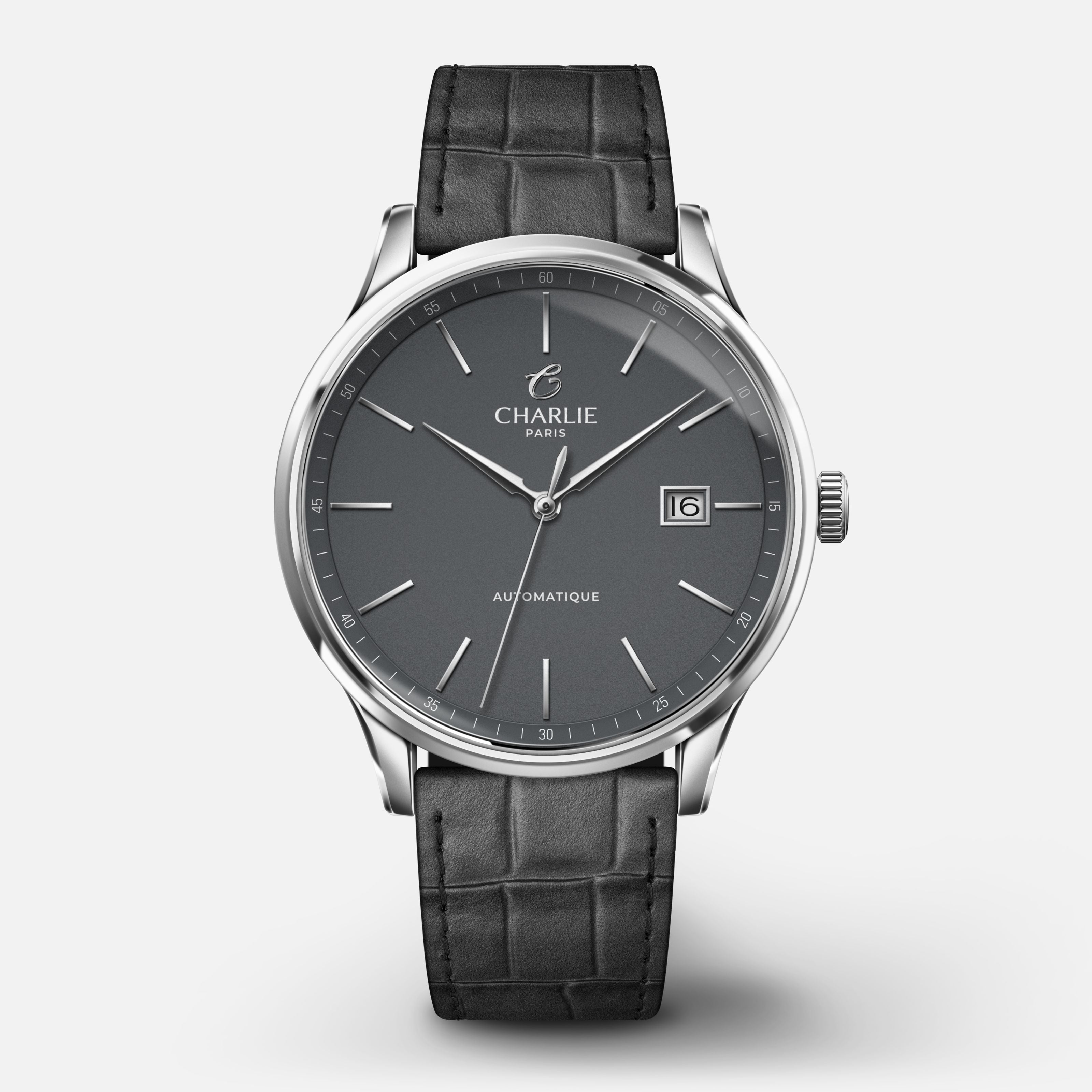 INITIAL - Automatique Slim - Gris Montres CHARLIE Cuir crocograin gris