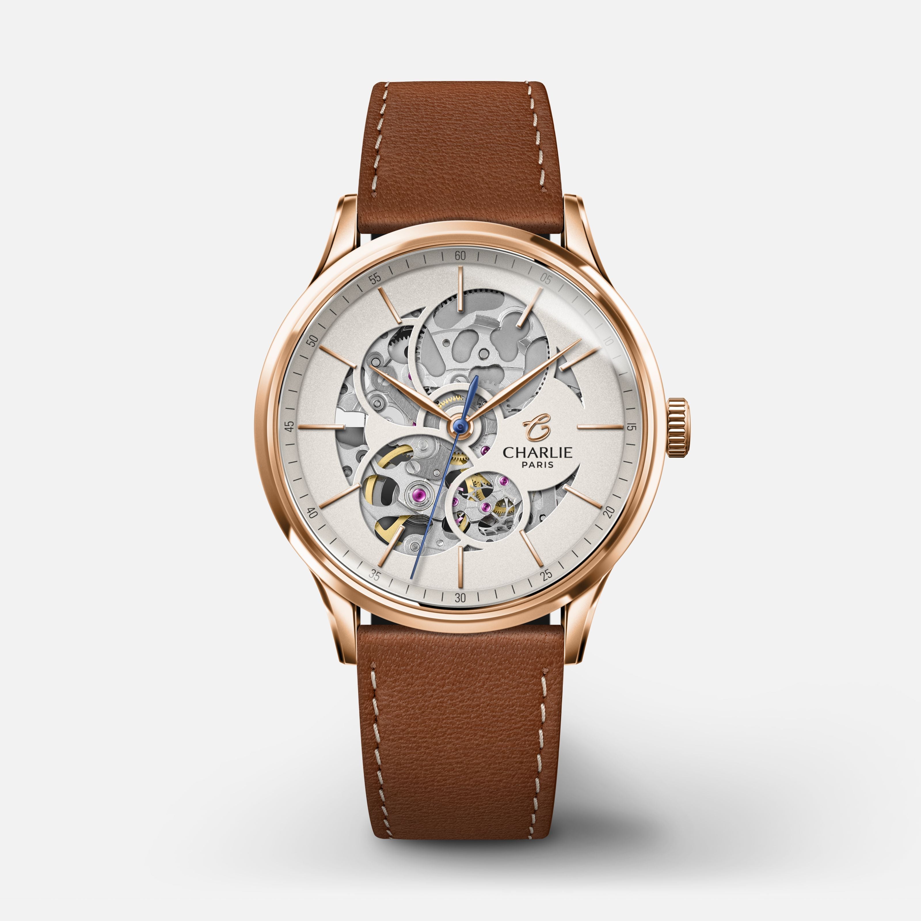 INITIAL 36 - Automatique Ajourée - Doré rose Montres CHARLIE Cuir marron
