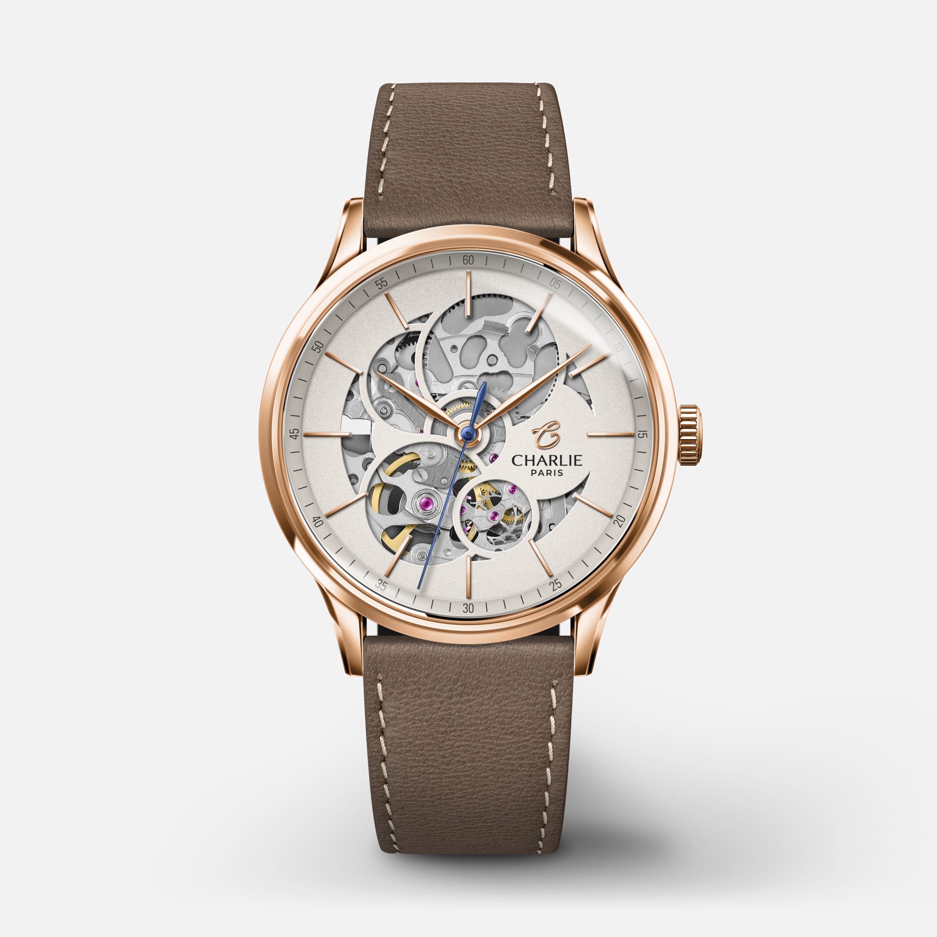 INITIAL 36 - Automatique Ajourée - Doré rose Montres CHARLIE Cuir taupe