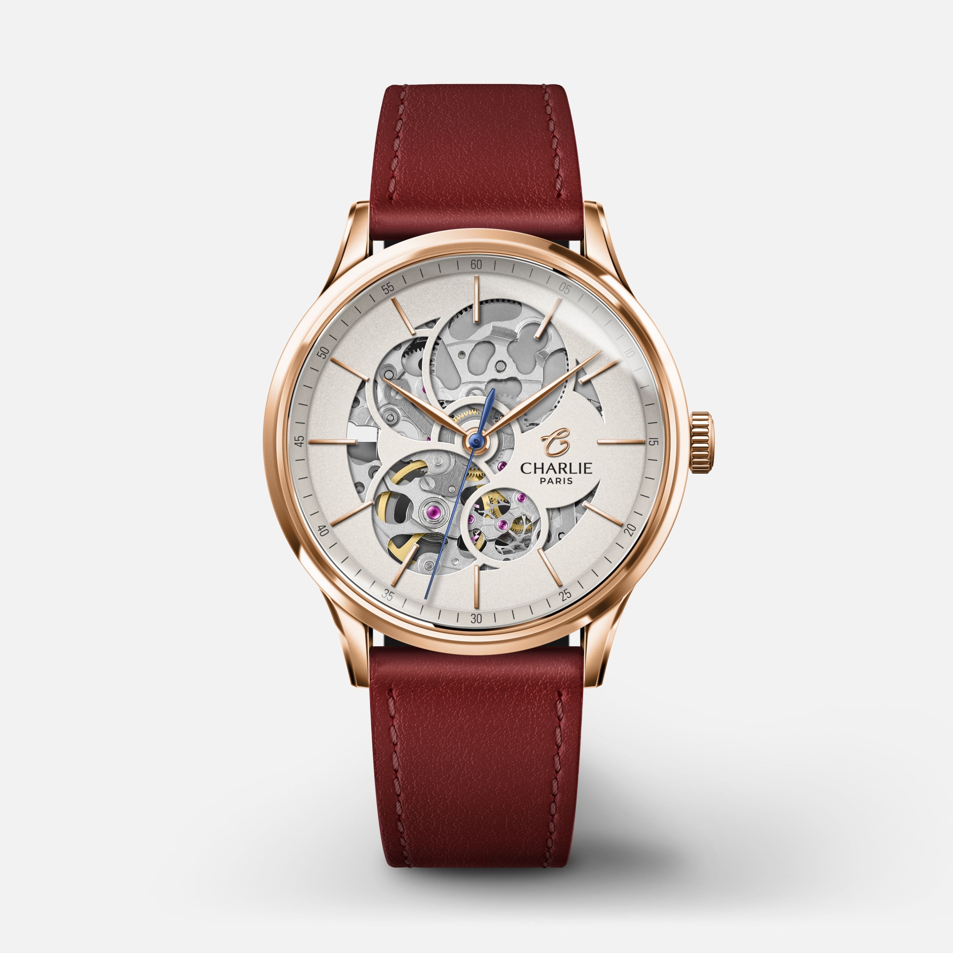 INITIAL 36 - Automatique Ajourée - Doré rose Montres CHARLIE Cuir bordeaux
