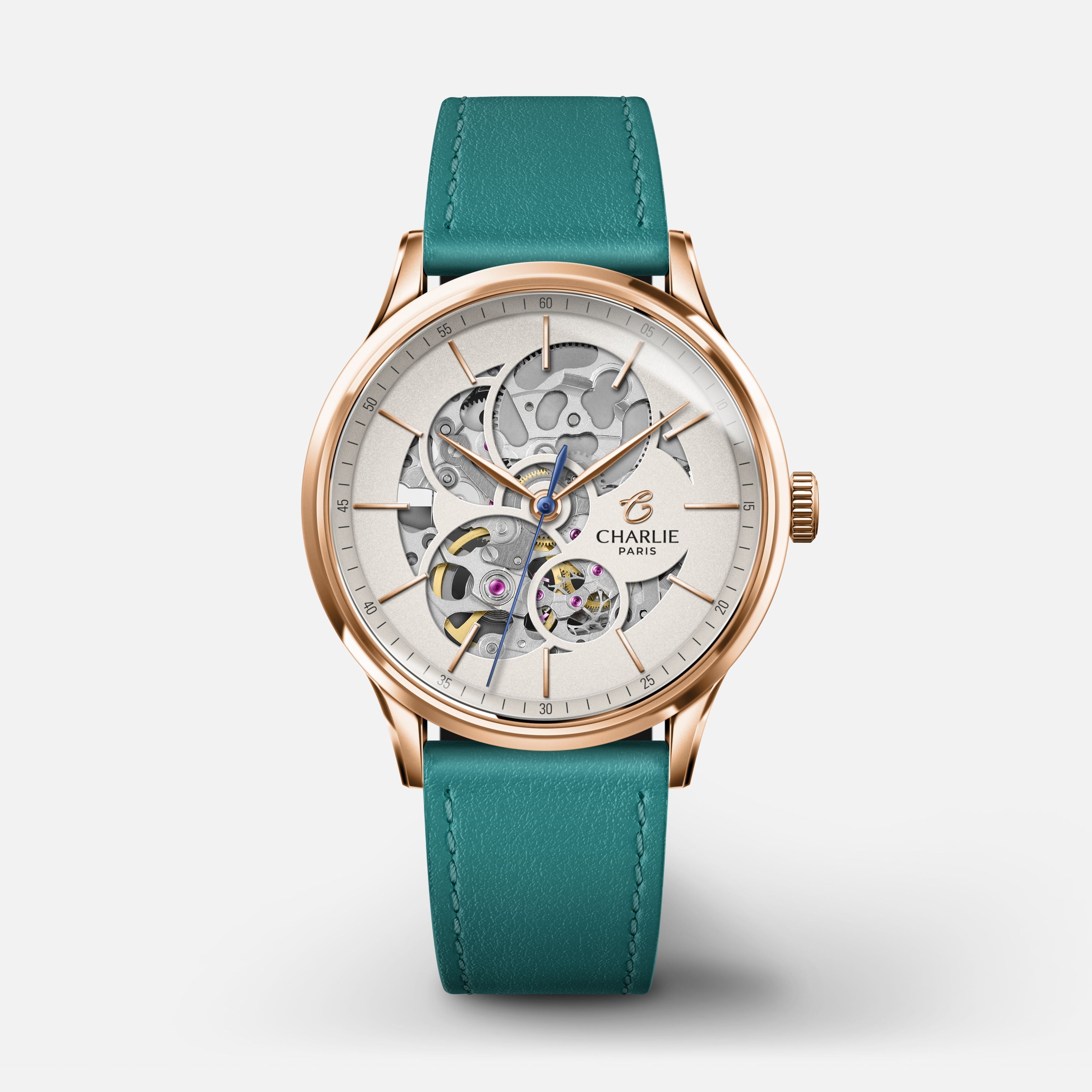 INITIAL 36 - Automatique Ajourée - Doré rose Montres CHARLIE Cuir paon