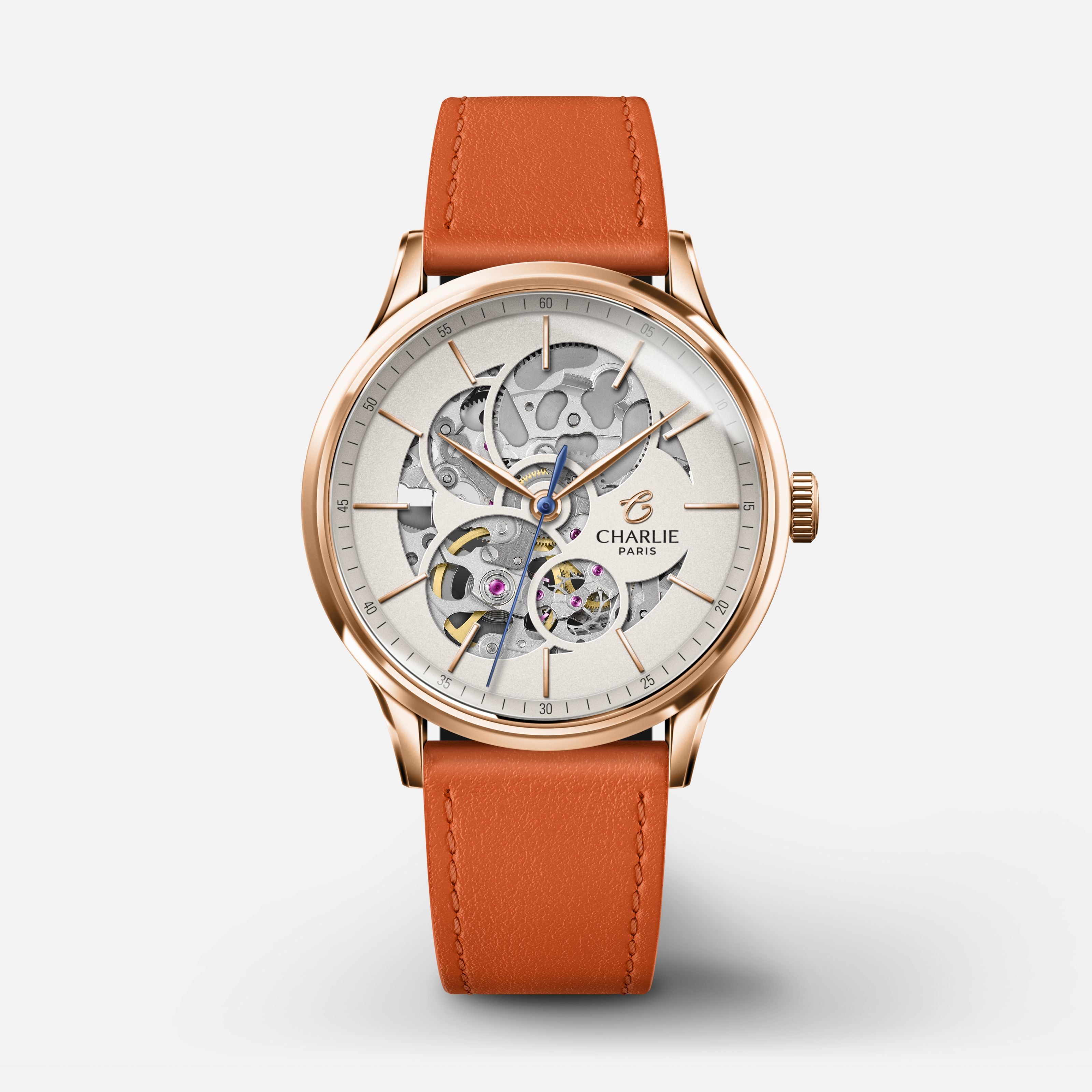 INITIAL 36 - Automatique Ajourée - Doré rose Montres CHARLIE Cuir mandarine