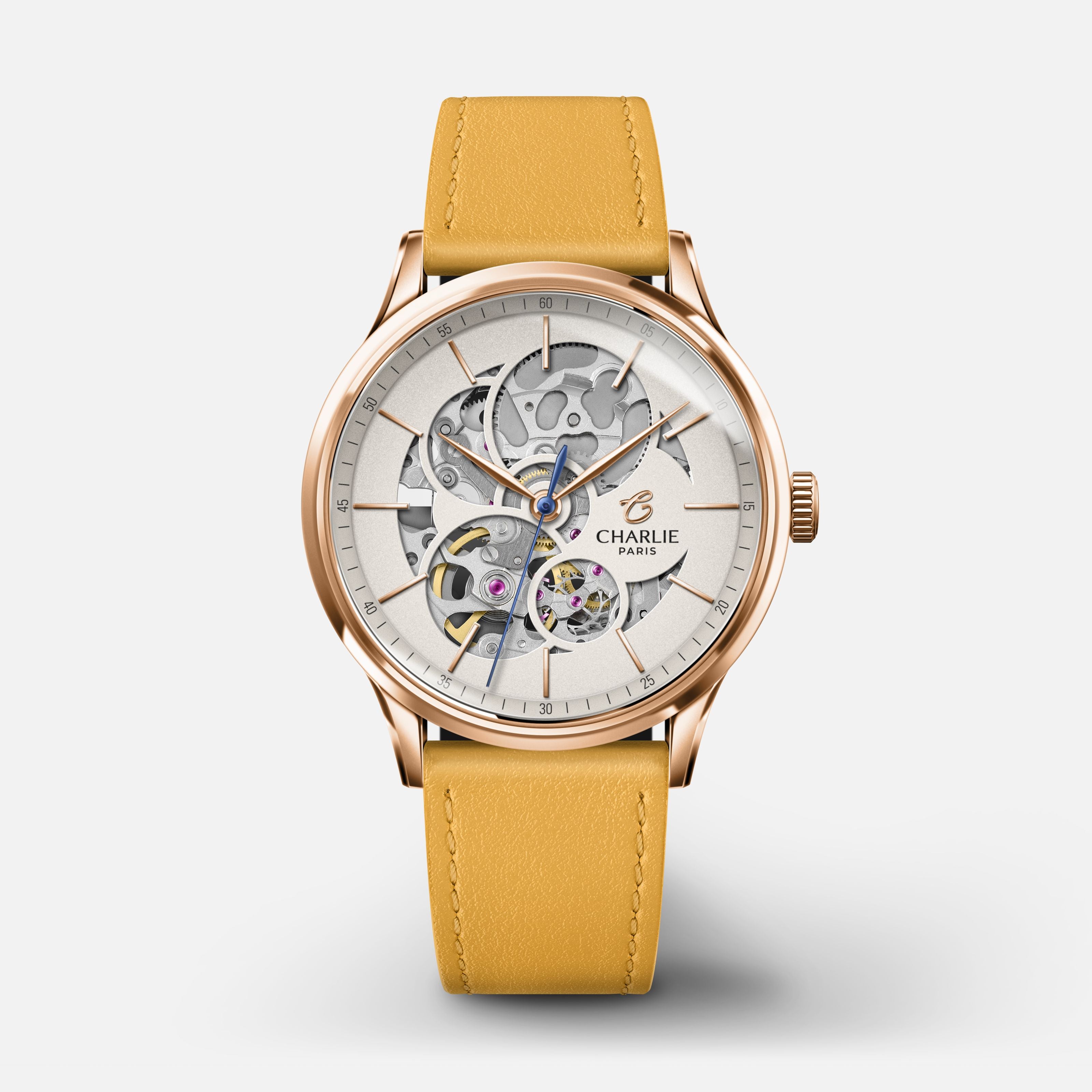 INITIAL 36 - Automatique Ajourée - Doré rose Montres CHARLIE Cuir jaune toscan