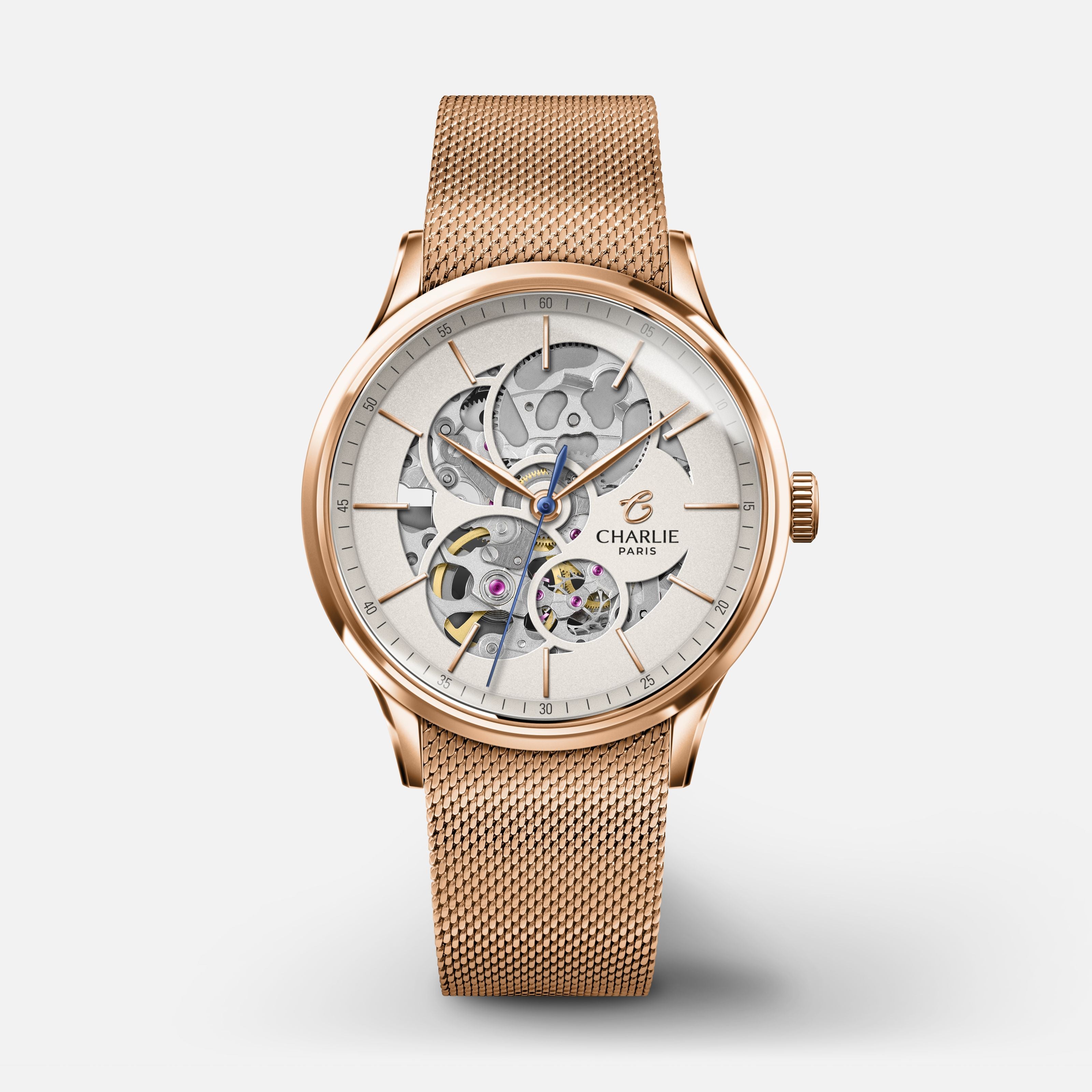 INITIAL 36 - Automatique Ajourée - Doré rose Montres CHARLIE Maille milanaise