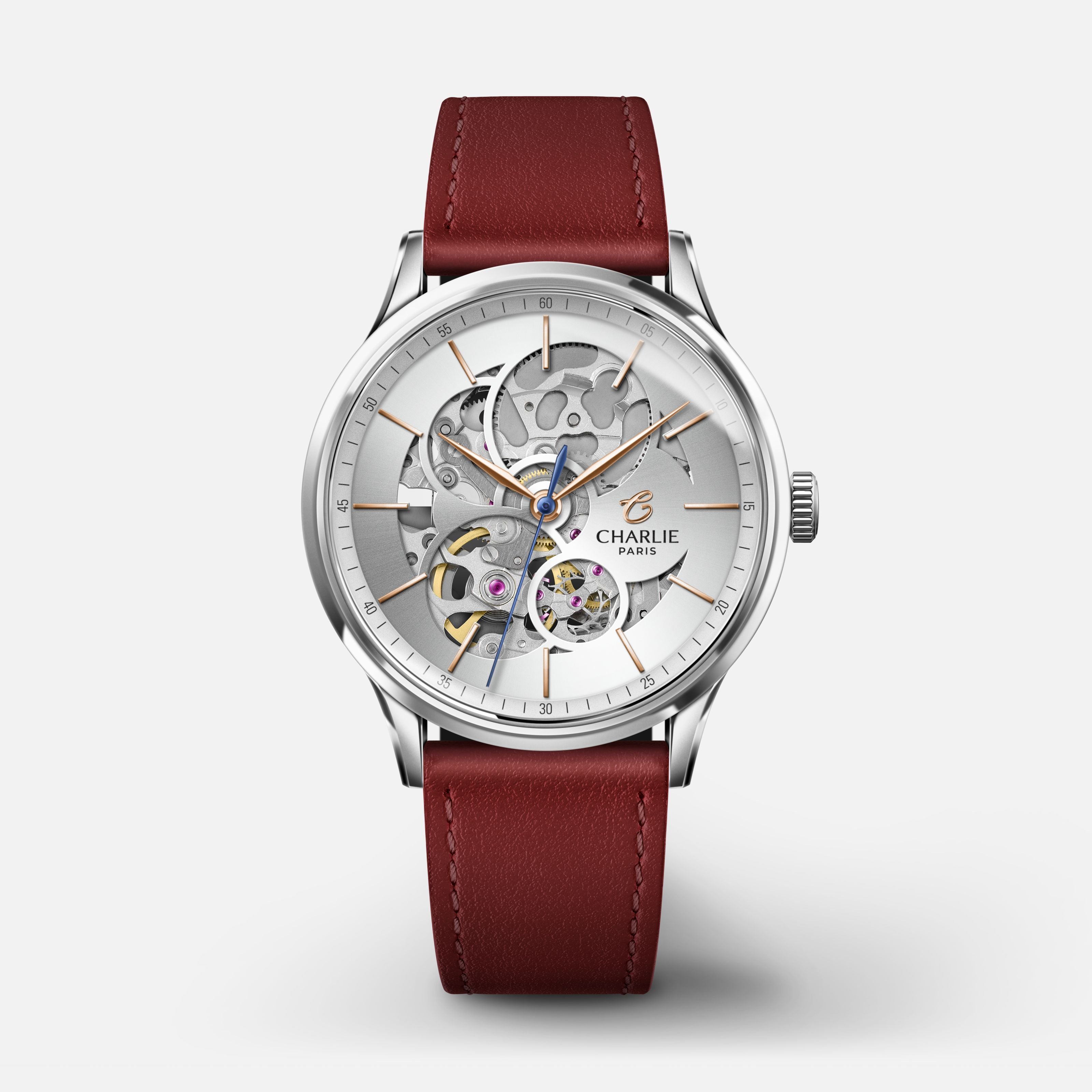 INITIAL 36 - Automatique Ajourée - Acier Montres CHARLIE Cuir bordeaux