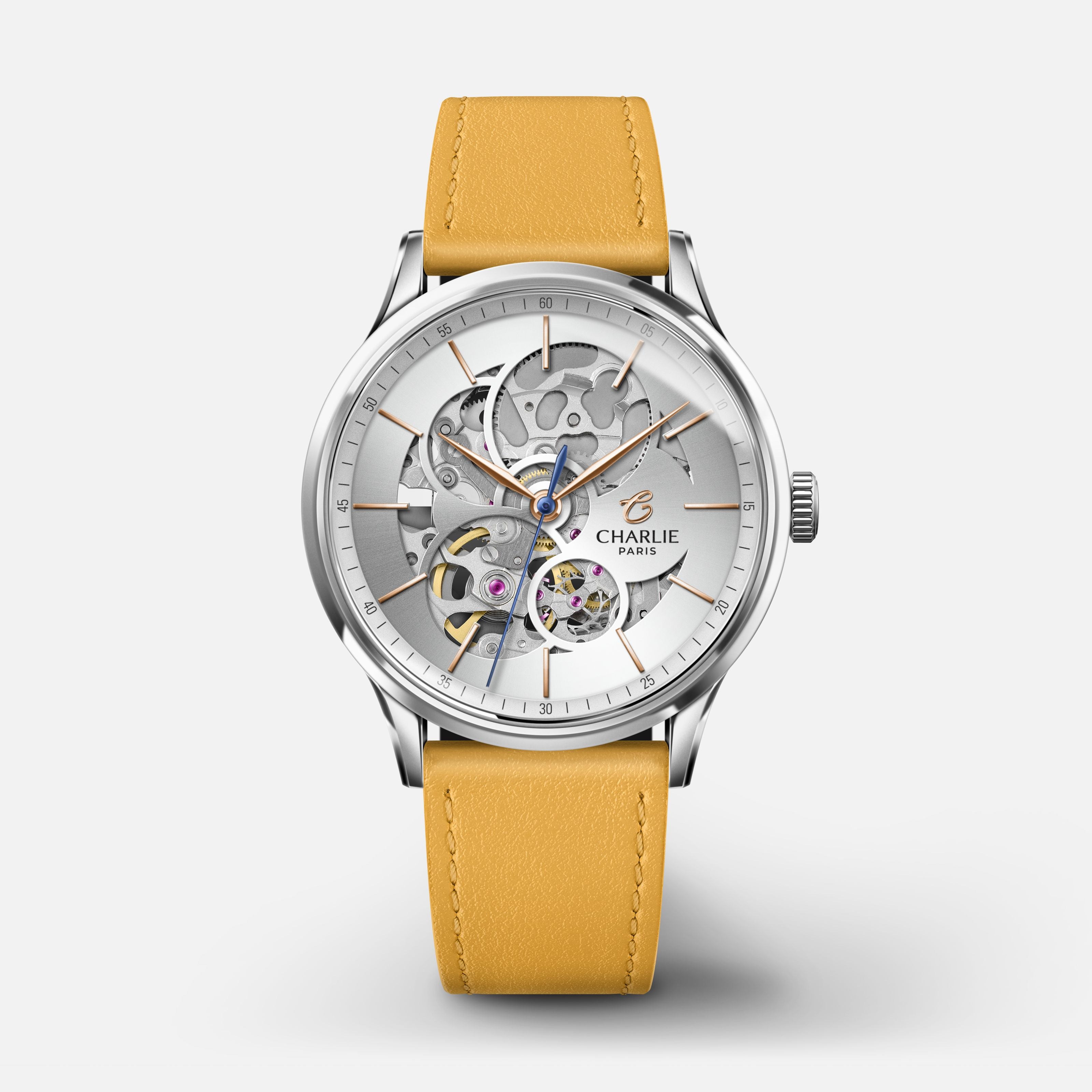 INITIAL 36 - Automatique Ajourée - Acier Montres CHARLIE Cuir jaune toscan