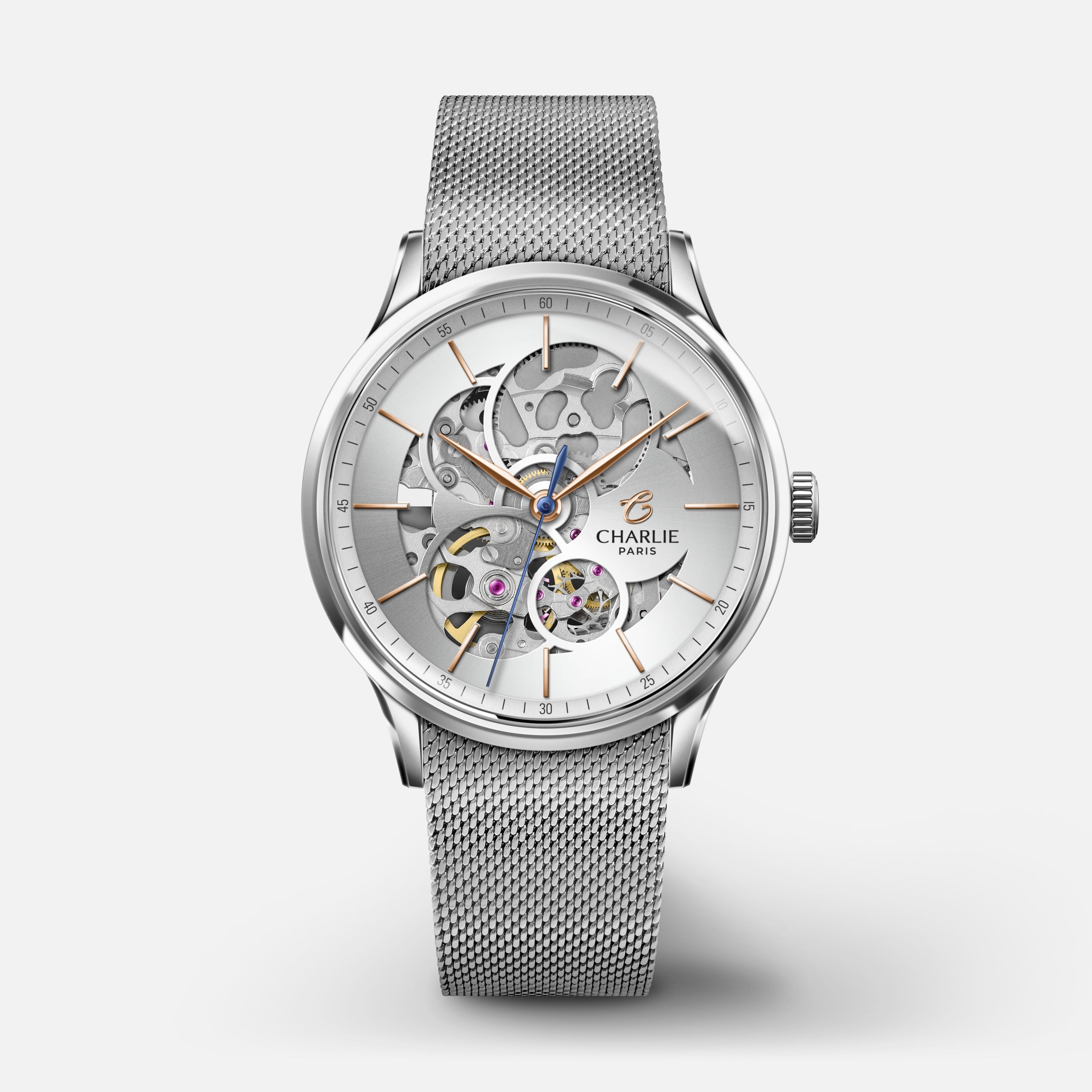INITIAL 36 - Automatique Ajourée - Acier Montres CHARLIE Maille Milanaise