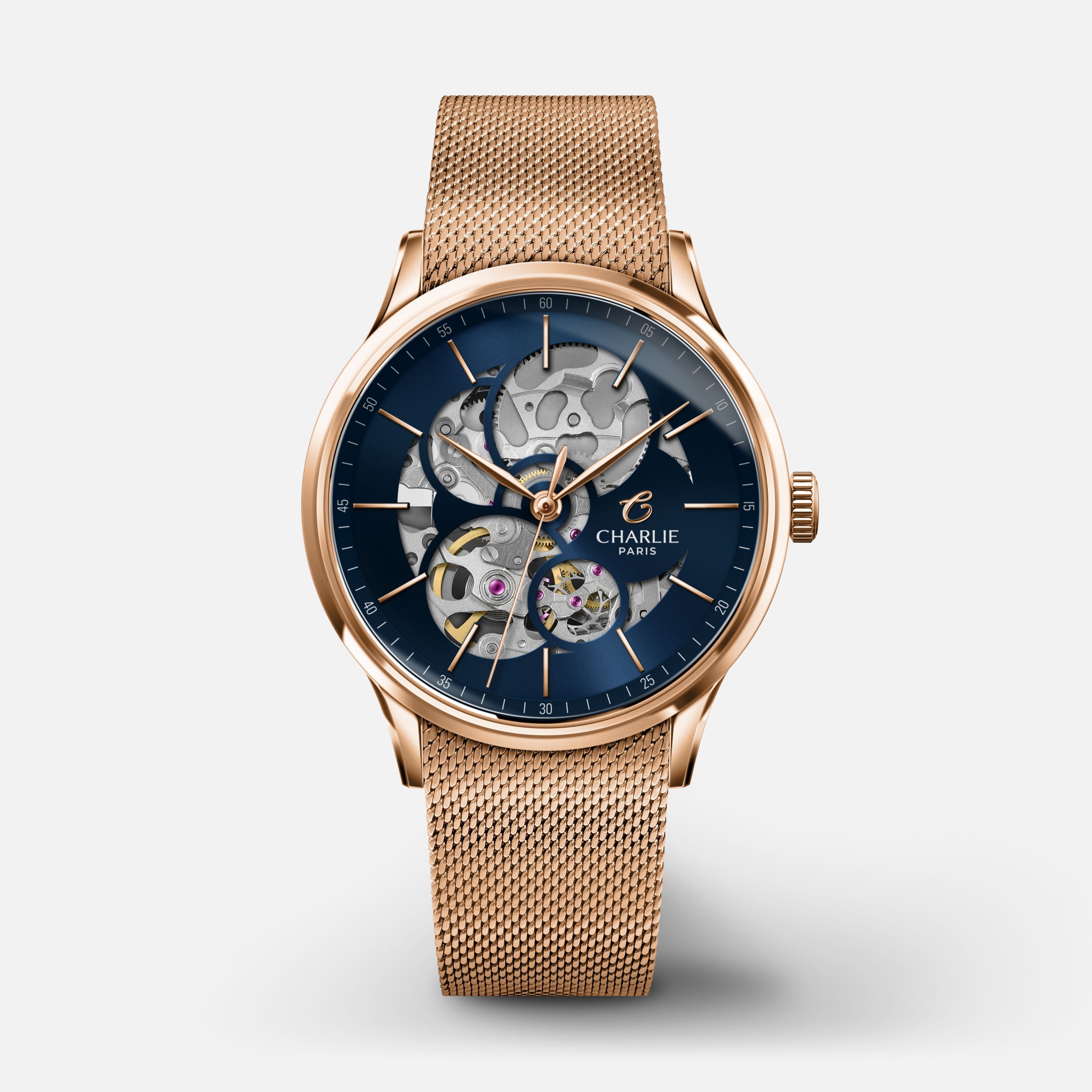 INITIAL 36 - Automatique Ajourée - Doré rose/Bleu Montres CHARLIE Maille milanaise