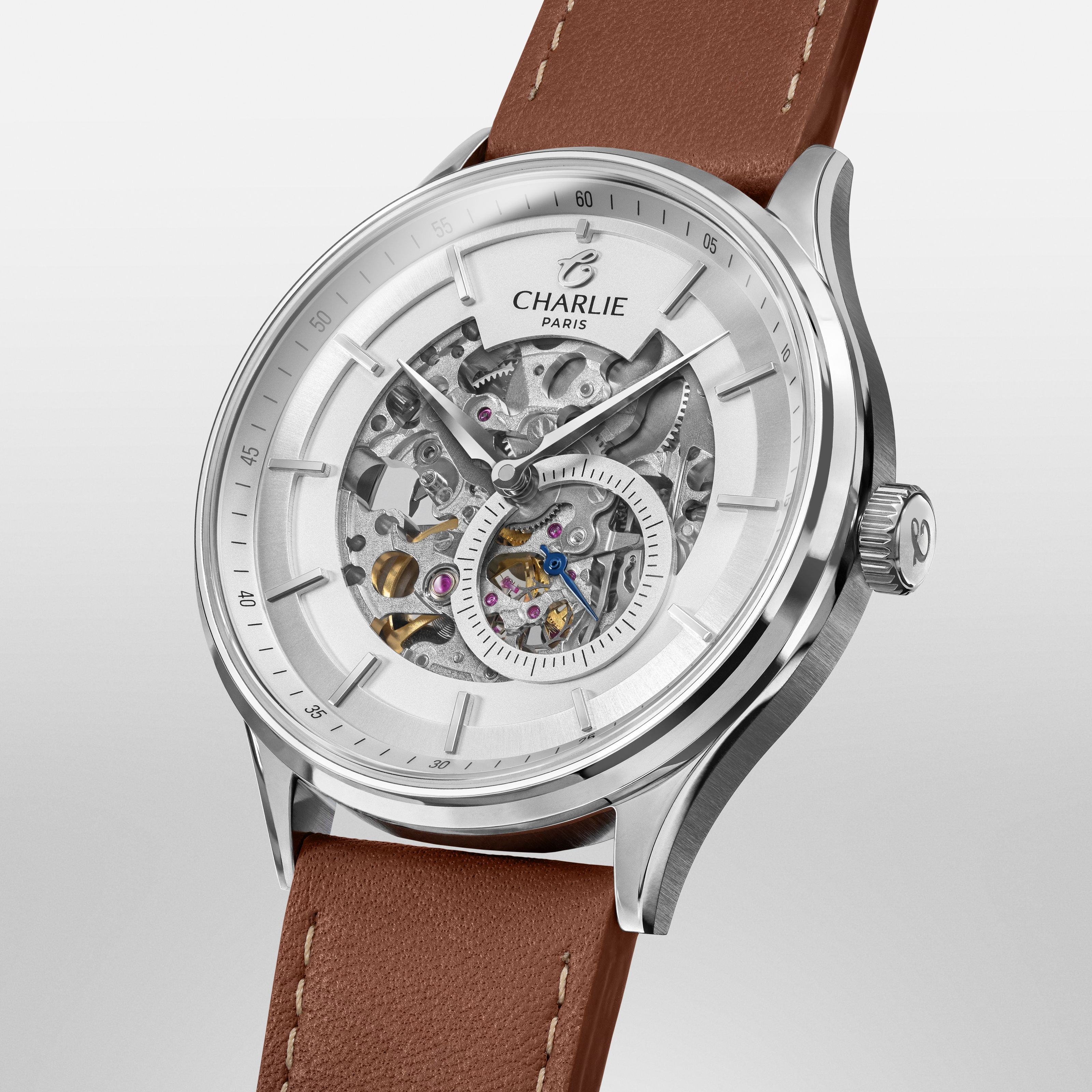 INITIAL - Automatique Squelette - Blanc Montres CHARLIE Cuir marron