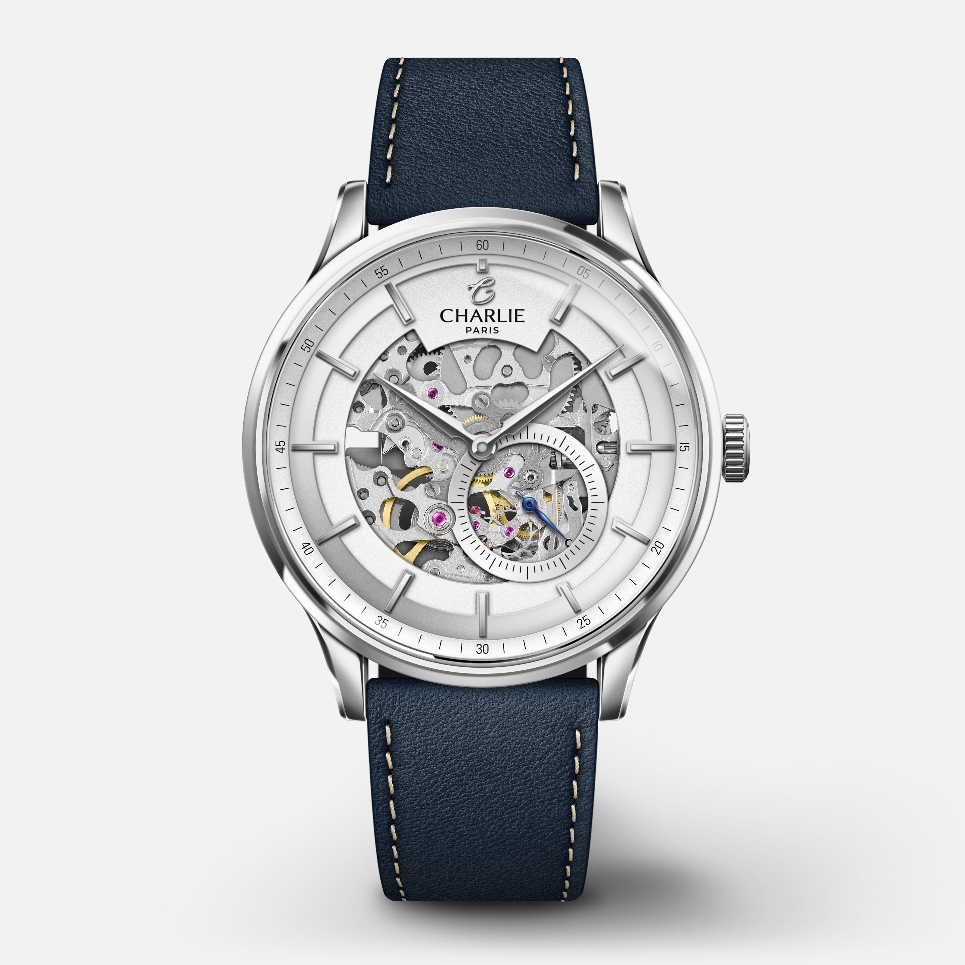 INITIAL - Automatique Squelette - Blanc Montres CHARLIE Cuir bleu