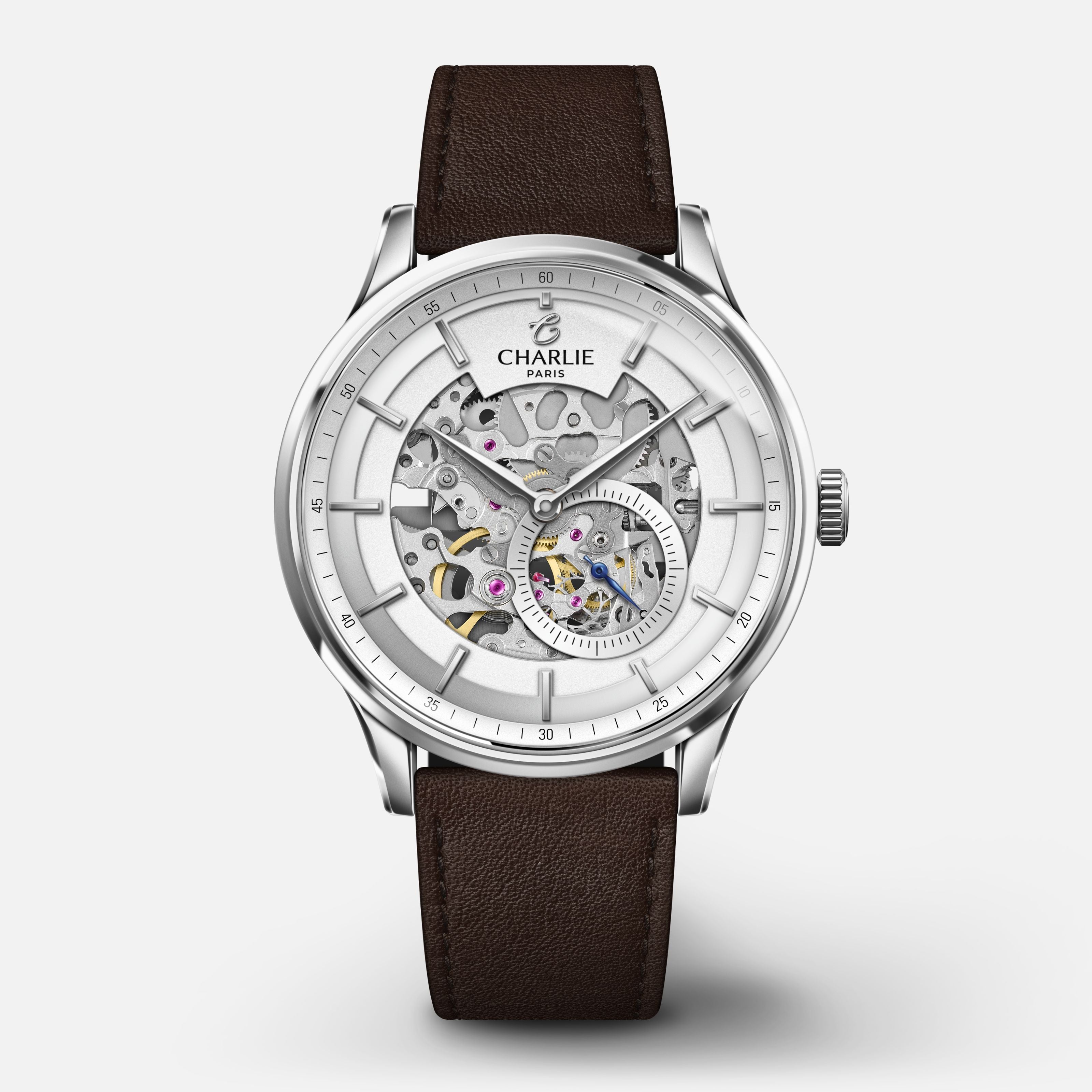 INITIAL - Automatique Squelette - Blanc Montres CHARLIE Cuir chocolat