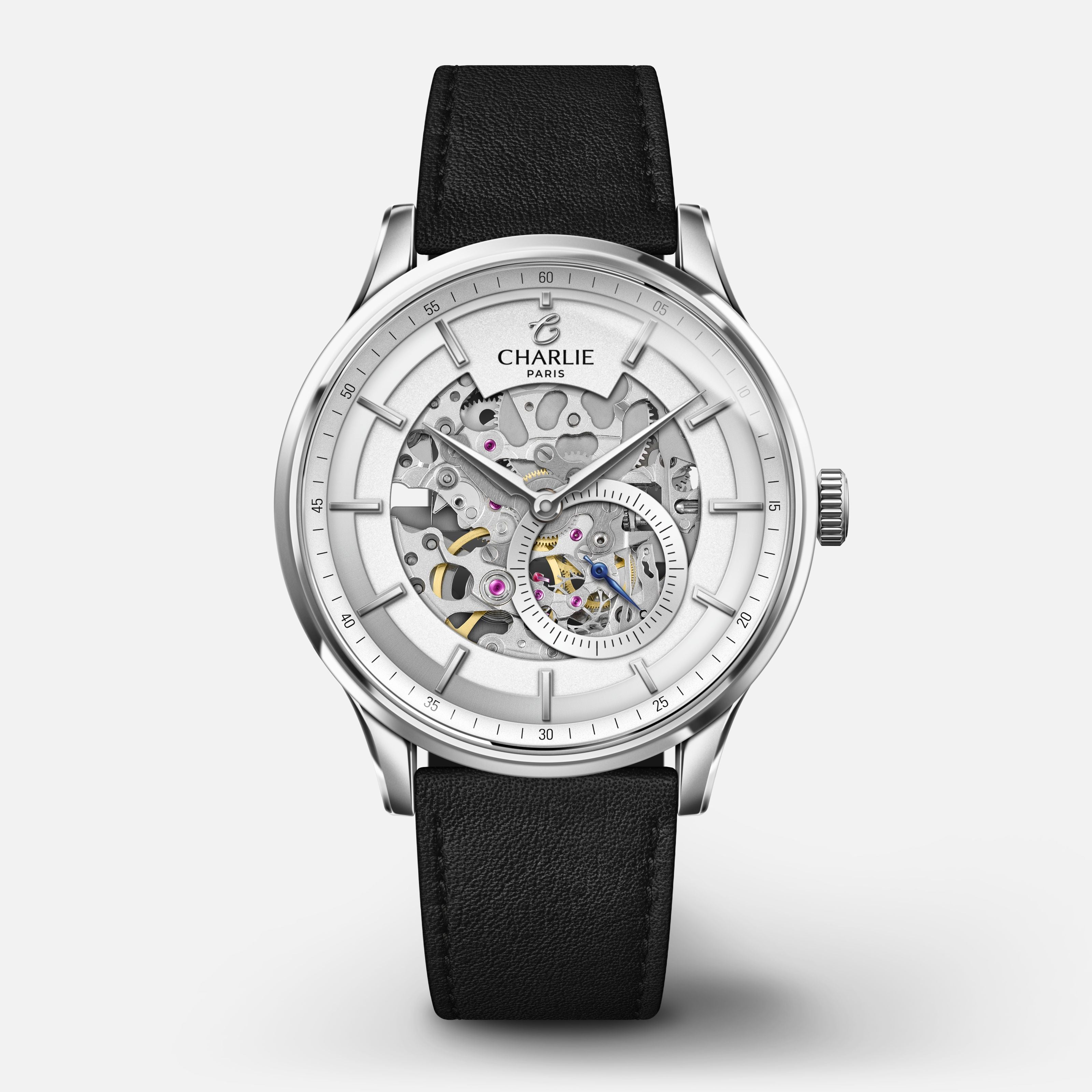 INITIAL - Automatique Squelette - Blanc Montres CHARLIE Cuir noir