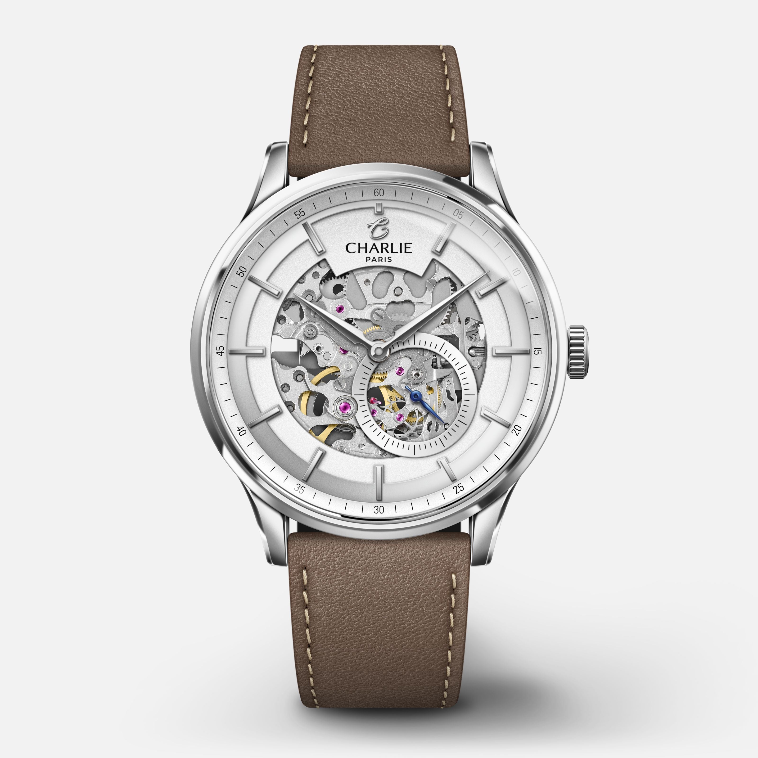 INITIAL - Automatique Squelette - Blanc Montres CHARLIE Cuir taupe