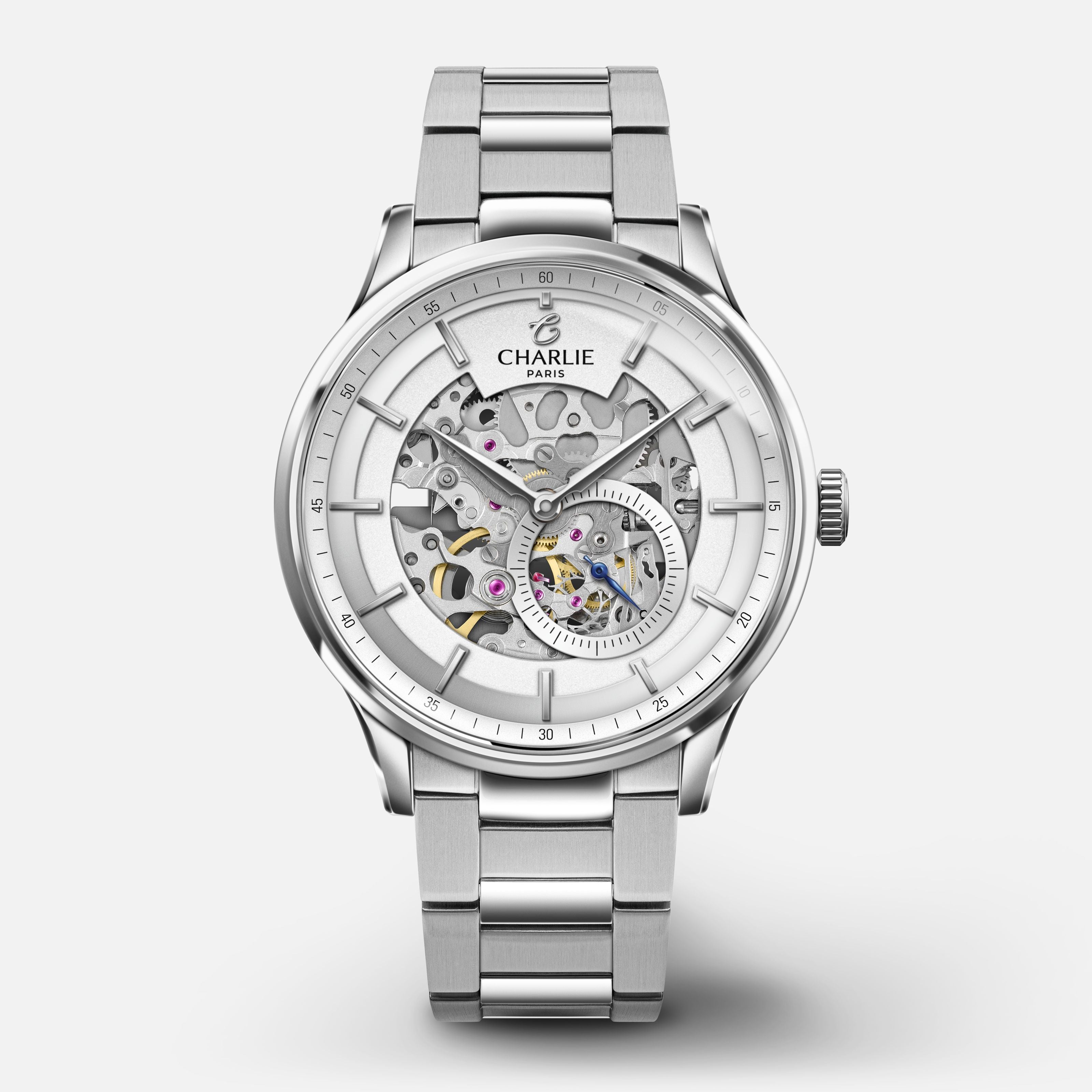 INITIAL - Automatique Squelette - Blanc Montres CHARLIE Bracelet acier