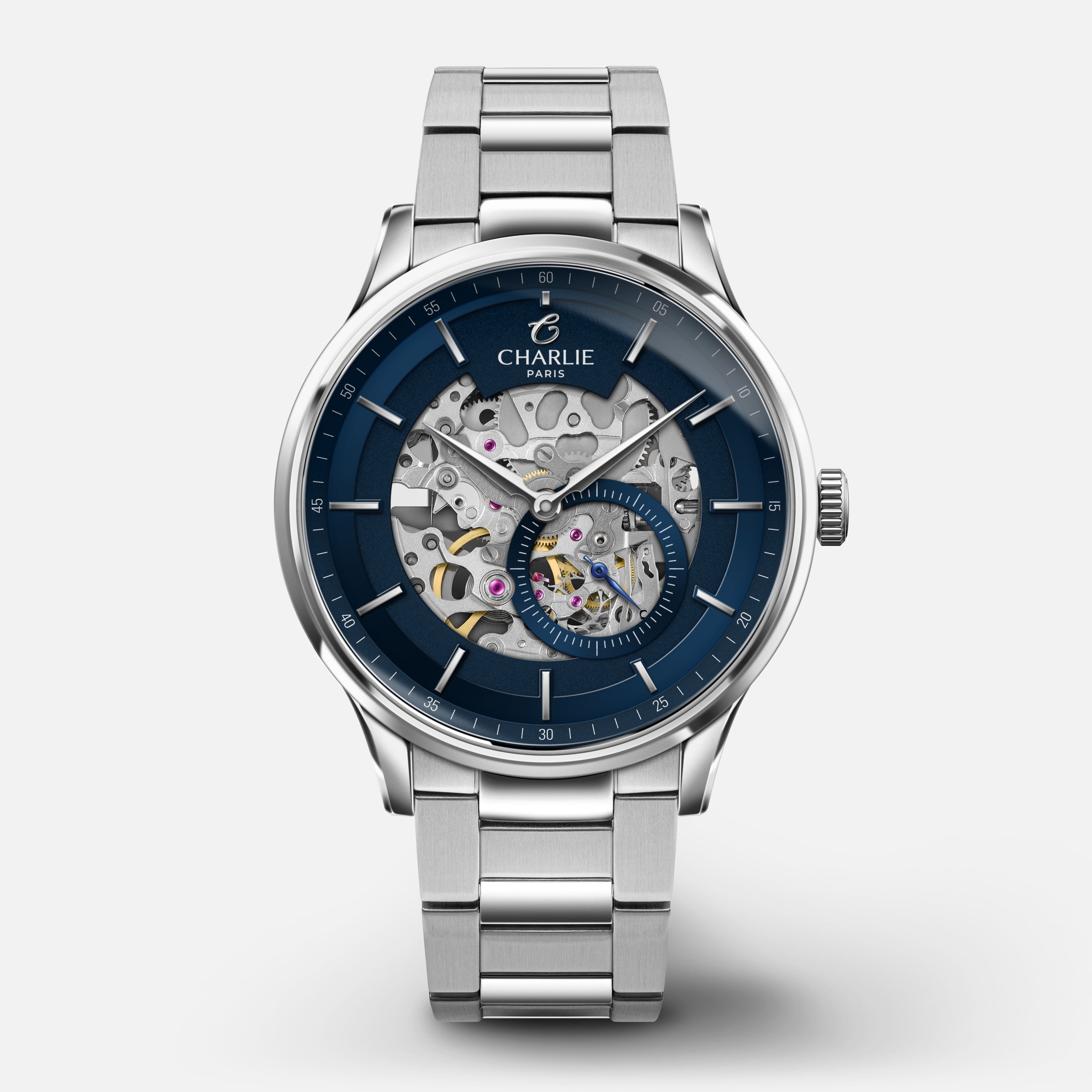 INITIAL - Automatique Squelette - Bleu Montres CHARLIE Bracelet acier