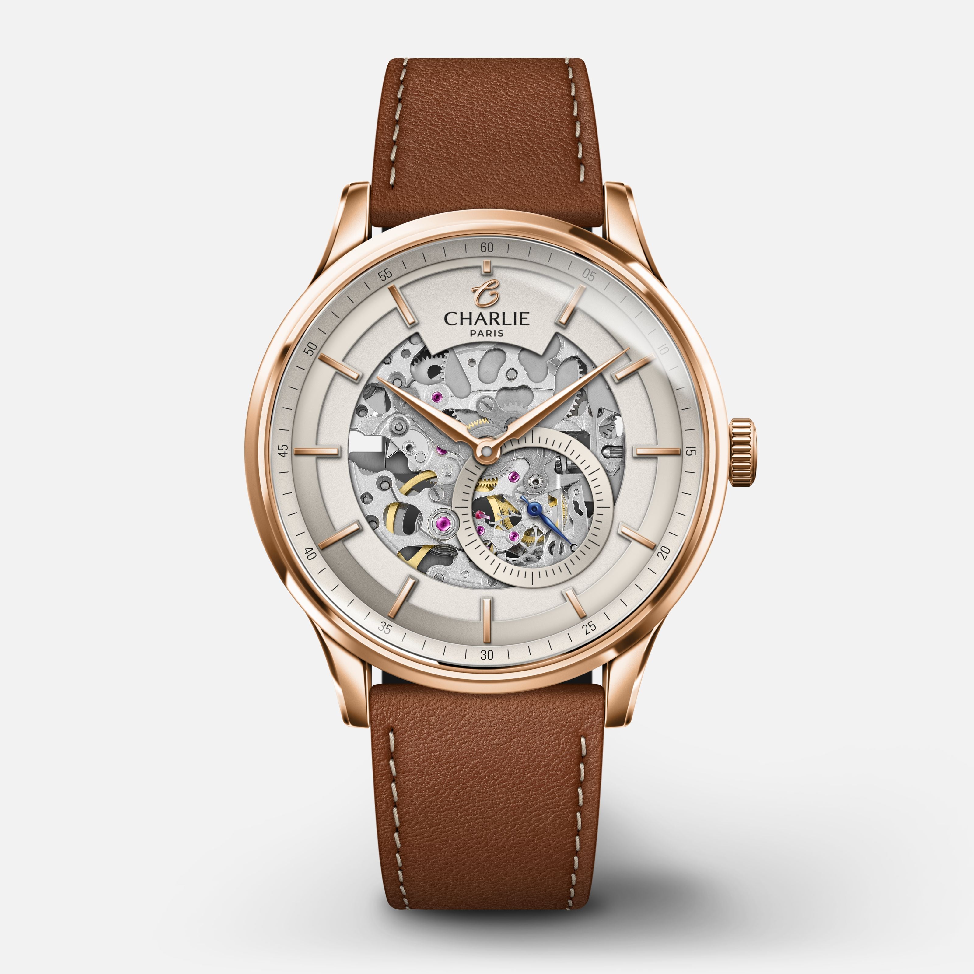 INITIAL - Automatique Squelette - Doré rose Montres CHARLIE Cuir marron