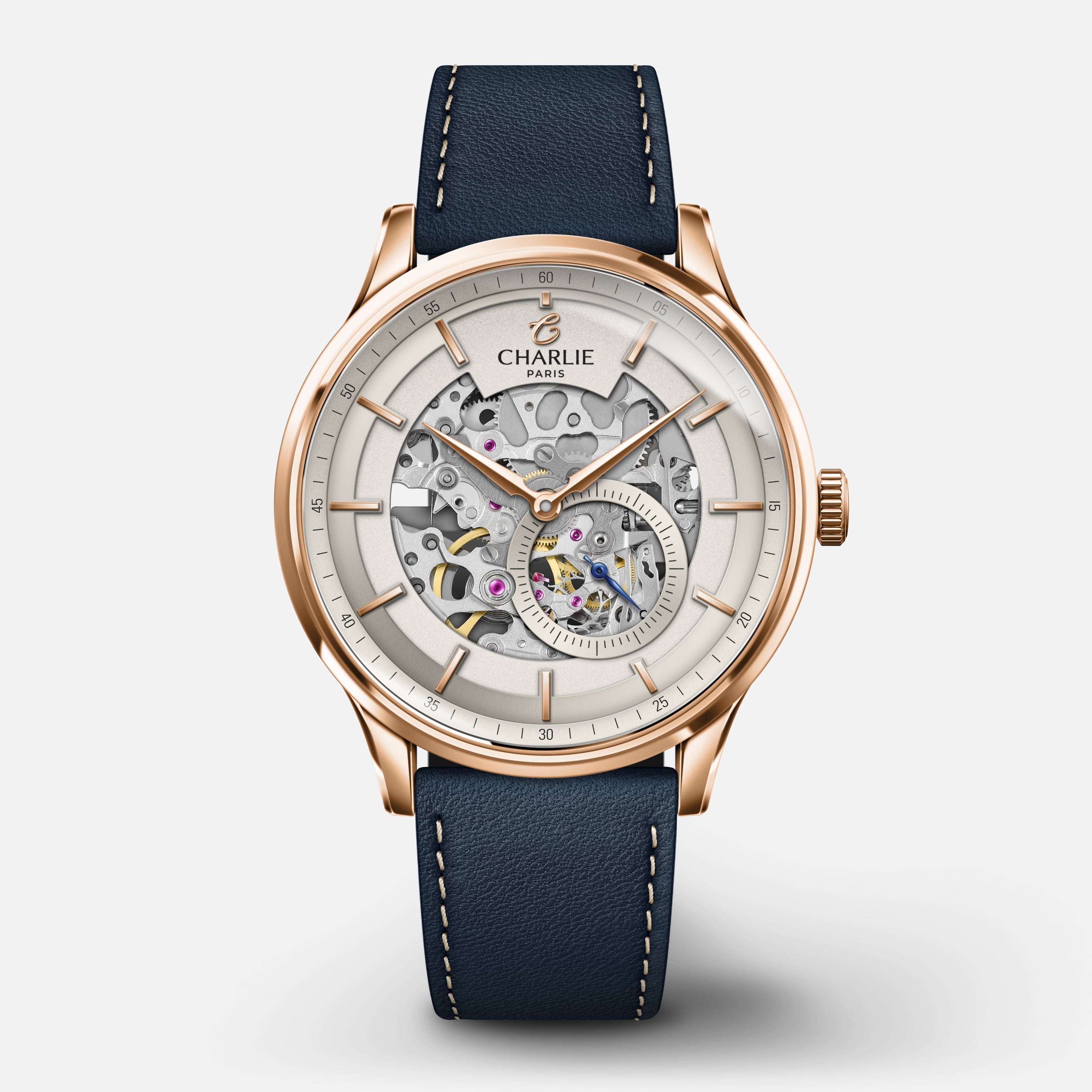 INITIAL - Automatique Squelette - Doré rose Montres CHARLIE Cuir bleu