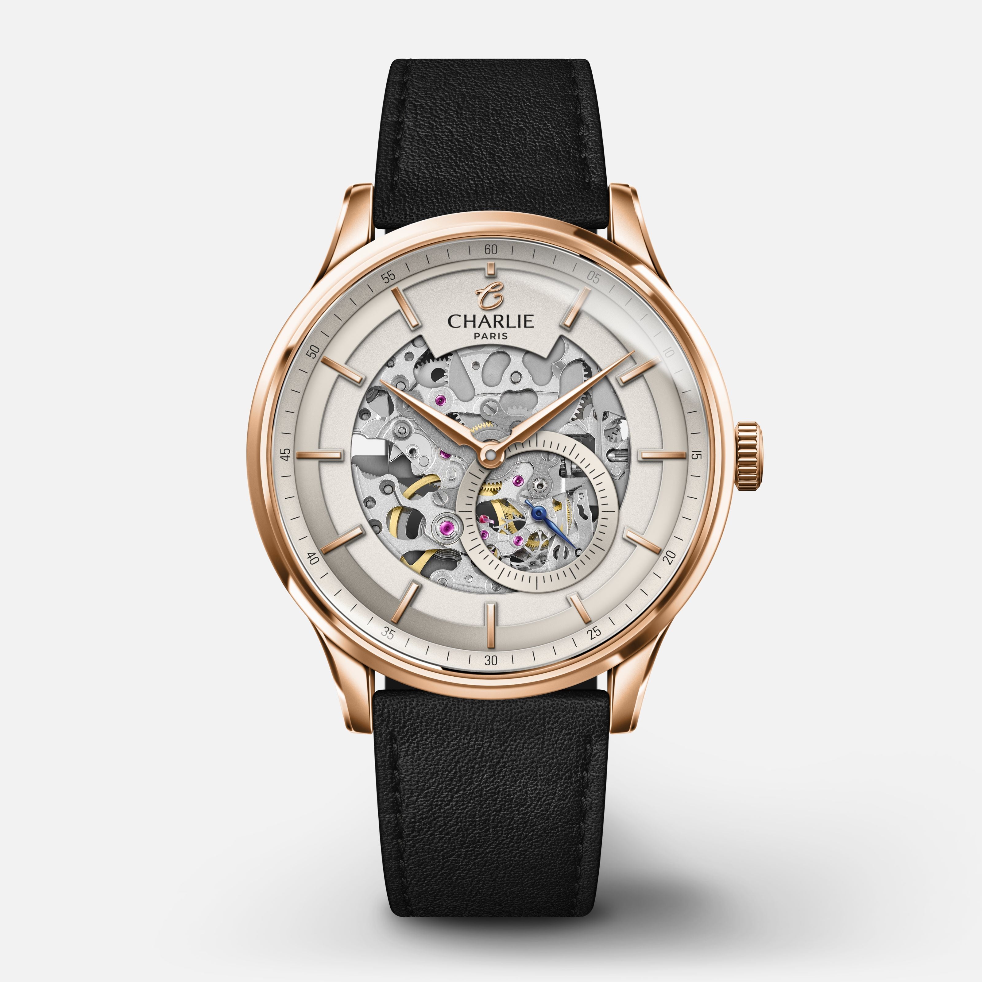 INITIAL - Automatique Squelette - Doré rose Montres CHARLIE Cuir noir