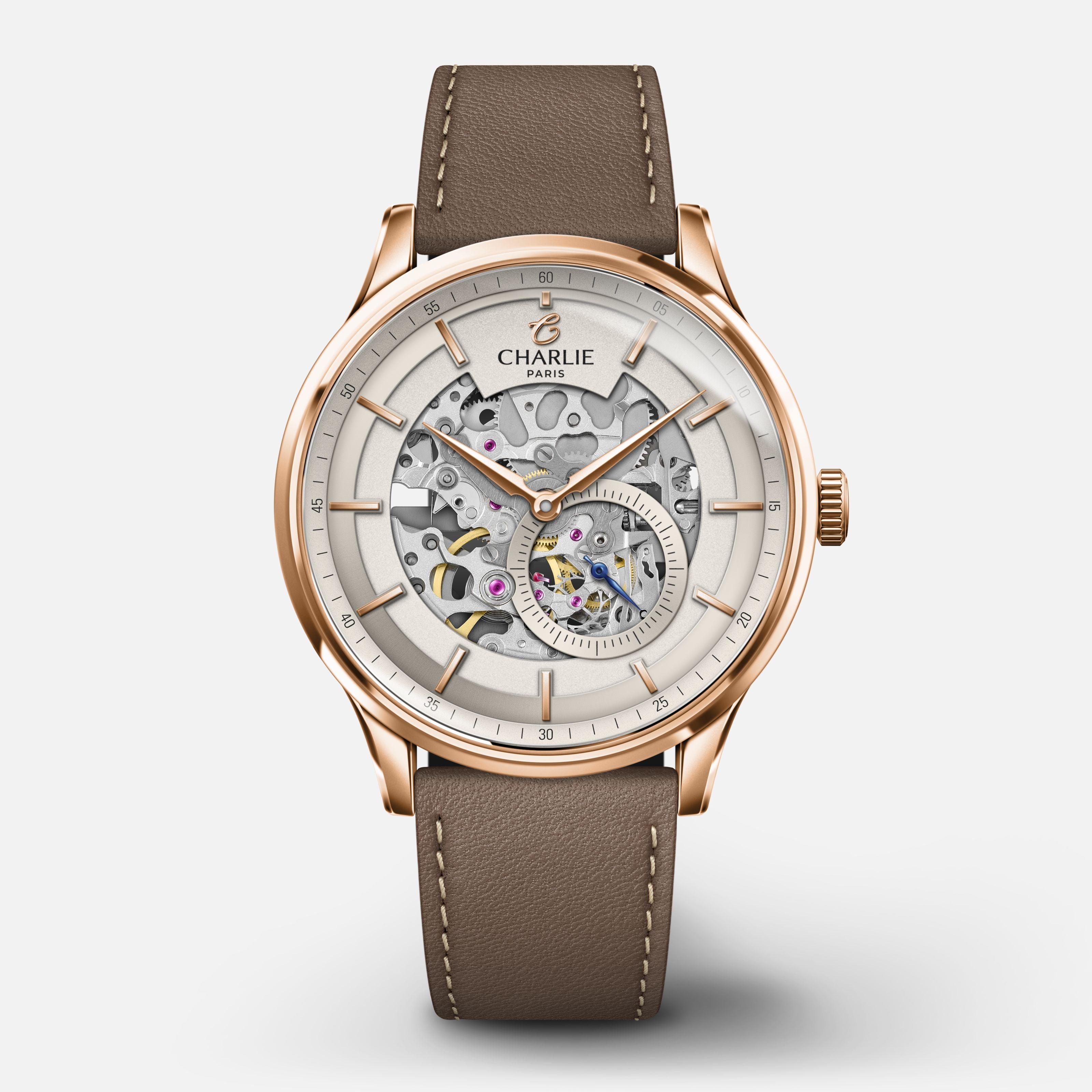 INITIAL - Automatique Squelette - Doré rose Montres CHARLIE Cuir taupe