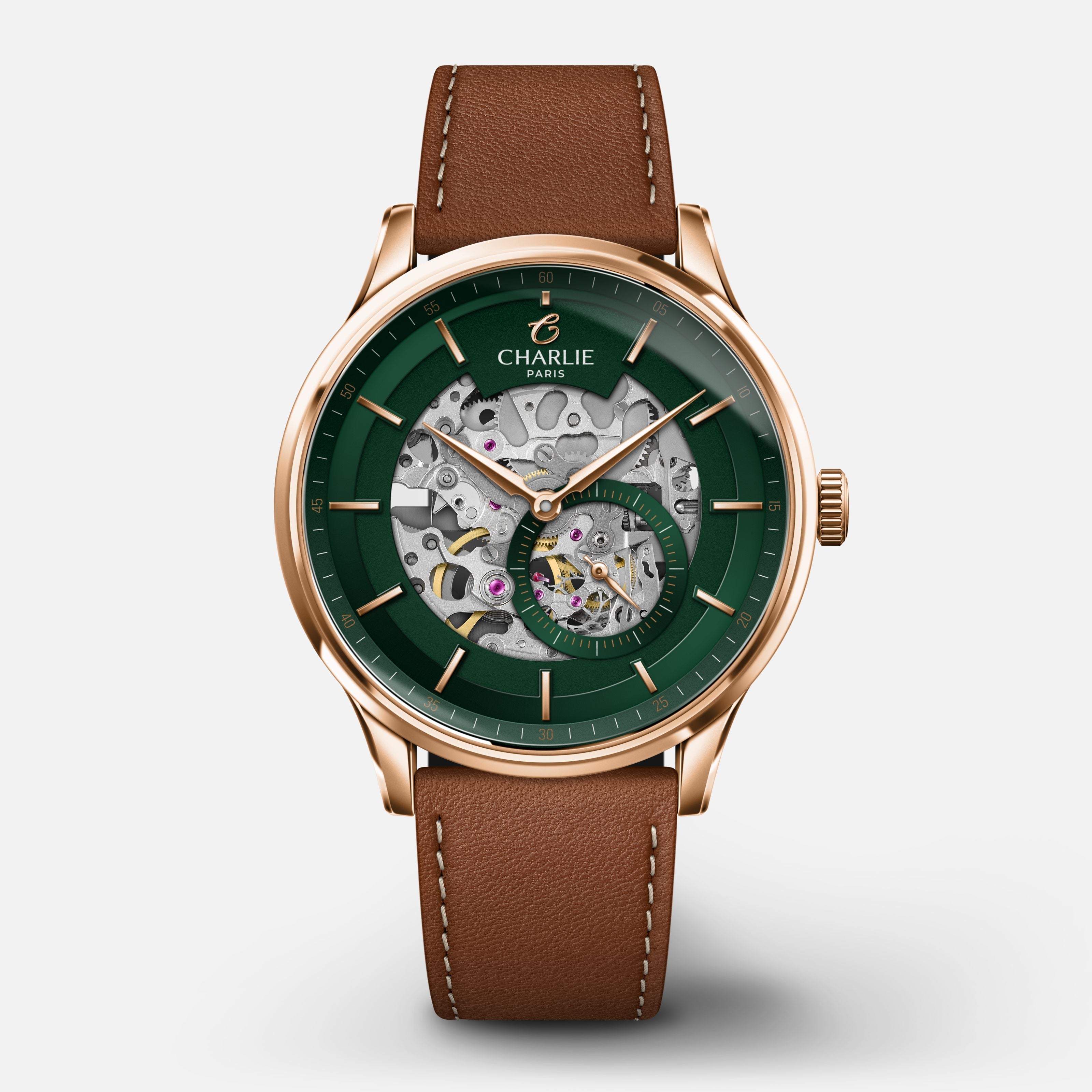 INITIAL - Automatique Squelette - Vert & Doré rose Montres CHARLIE Cuir marron