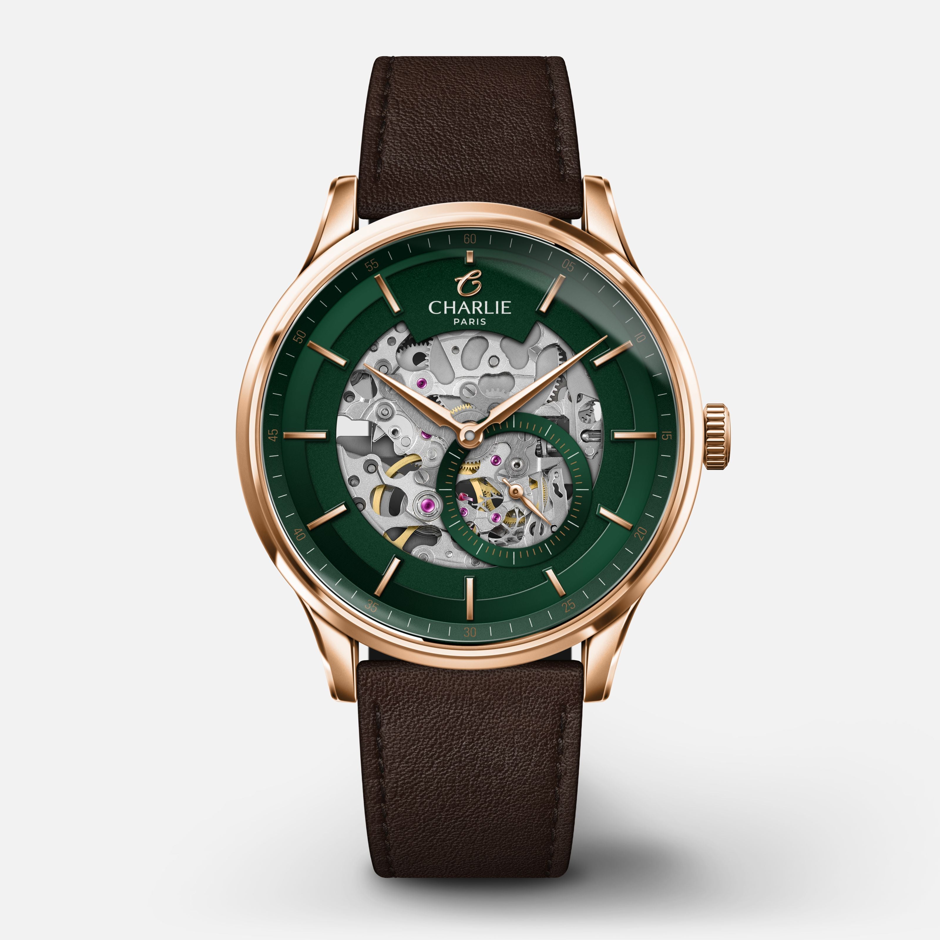 INITIAL - Automatique Squelette - Vert & Doré rose Montres CHARLIE Cuir chocolat