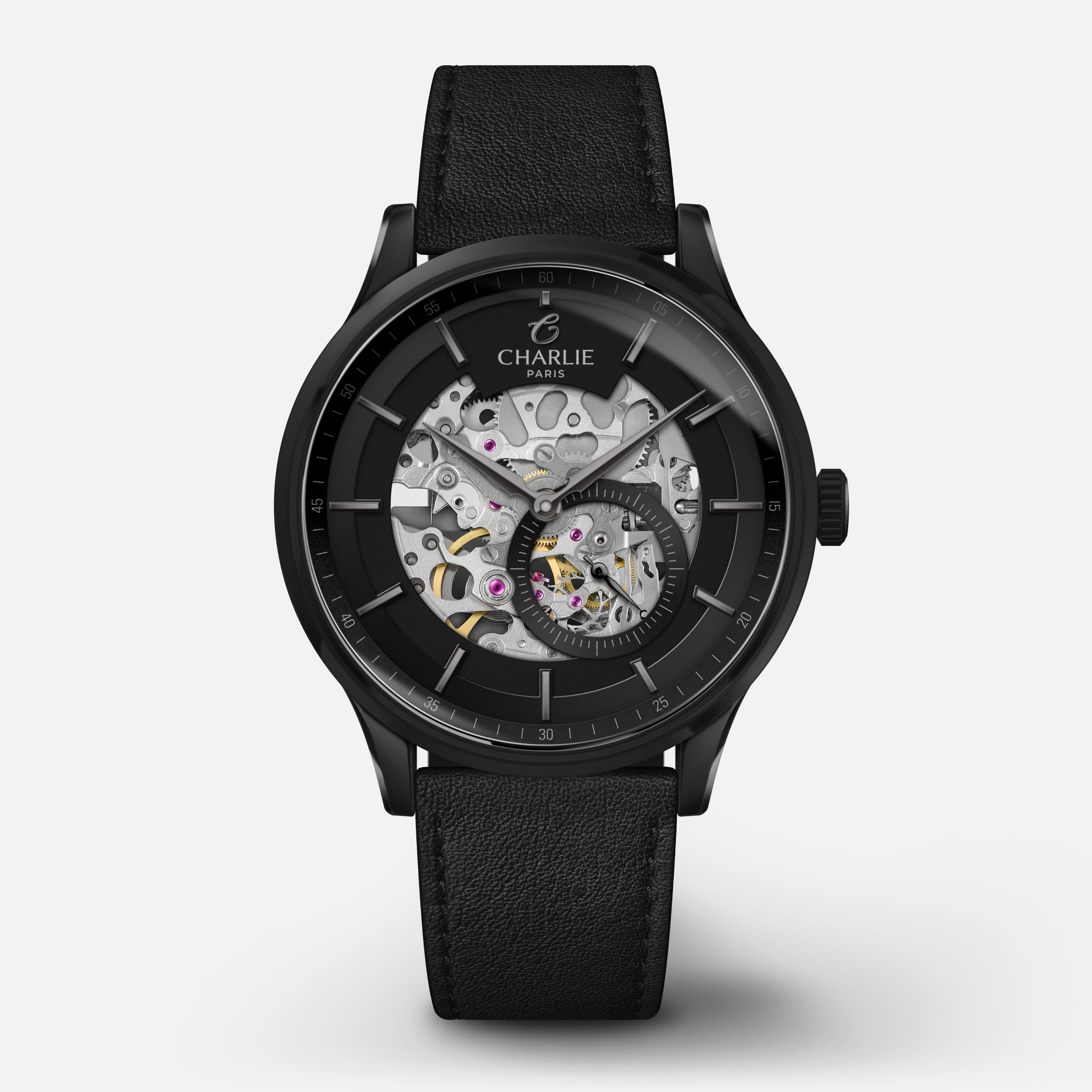 INITIAL - Automatique Squelette - Phantom Montres CHARLIE Cuir noir
