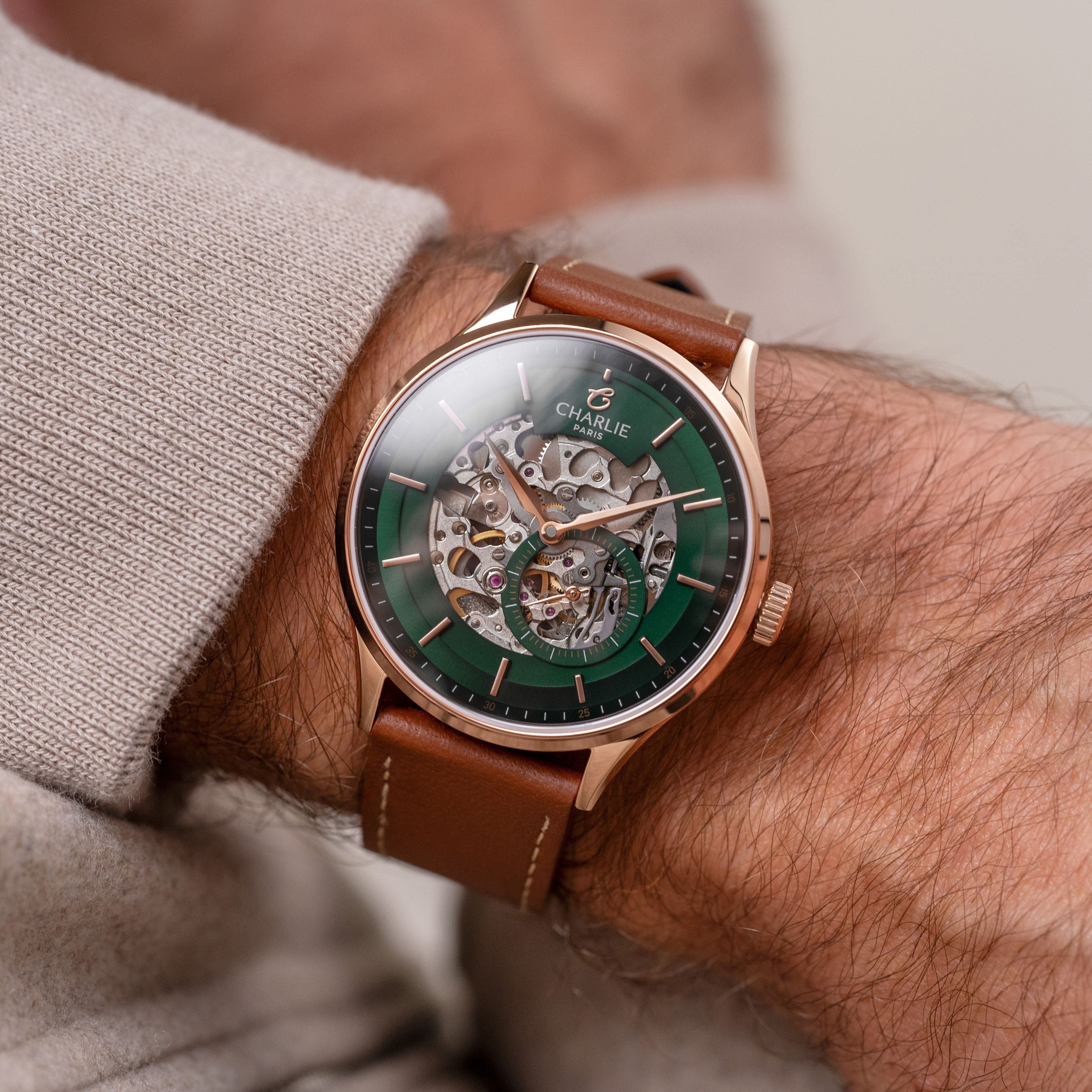 INITIAL - Automatique Squelette - Vert & Doré rose Montres CHARLIE