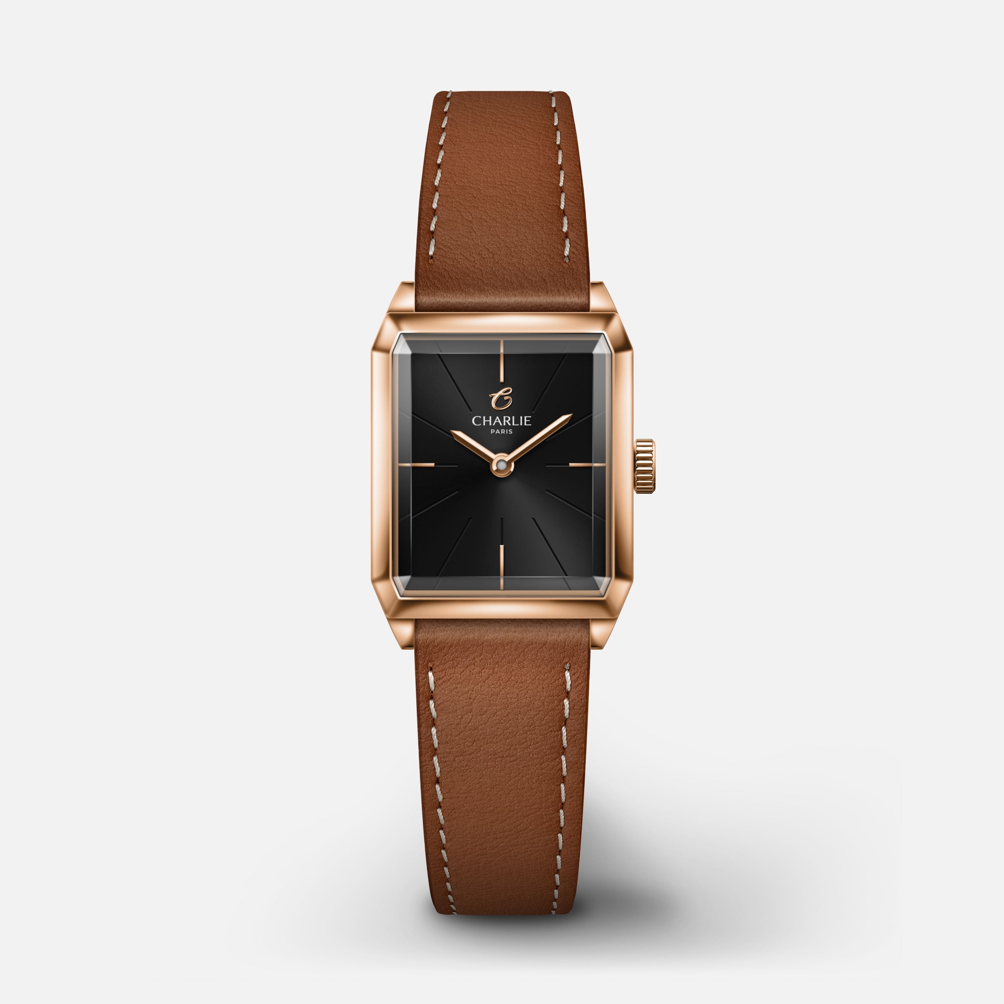 MONCEAU - Quartz - Doré rose & Noir Montres CHARLIE Cuir marron