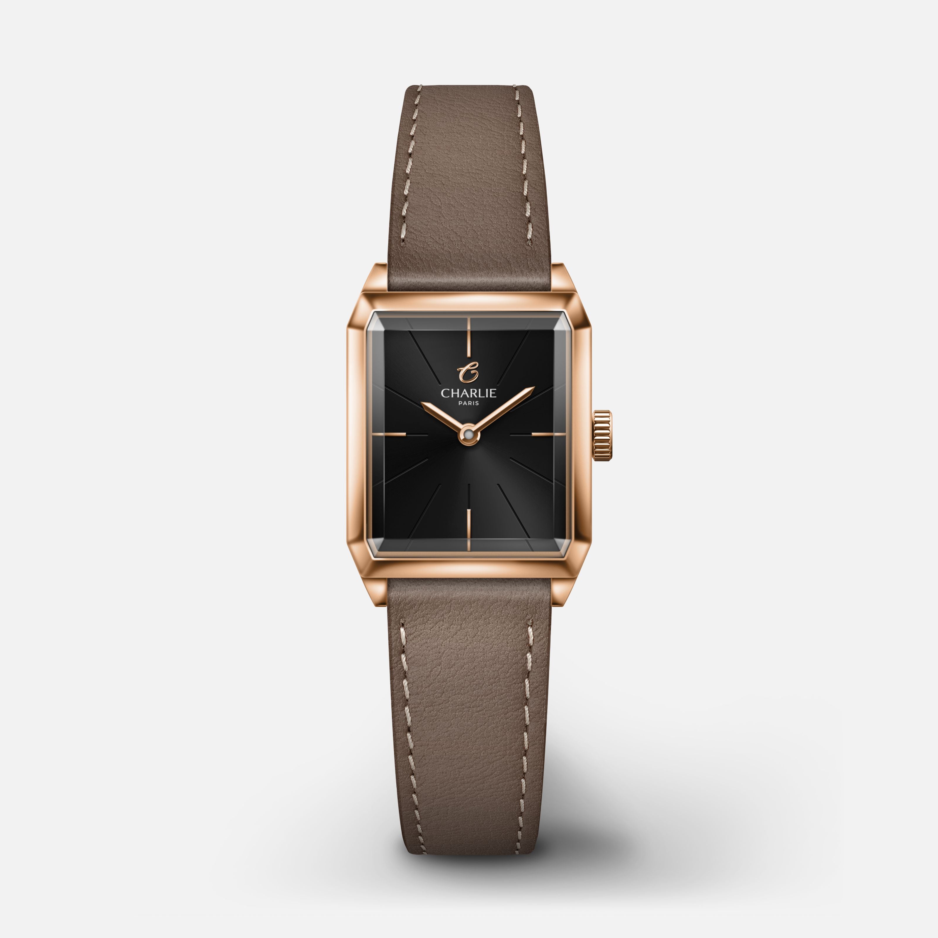 MONCEAU - Quartz - Doré rose & Noir Montres CHARLIE Cuir taupe