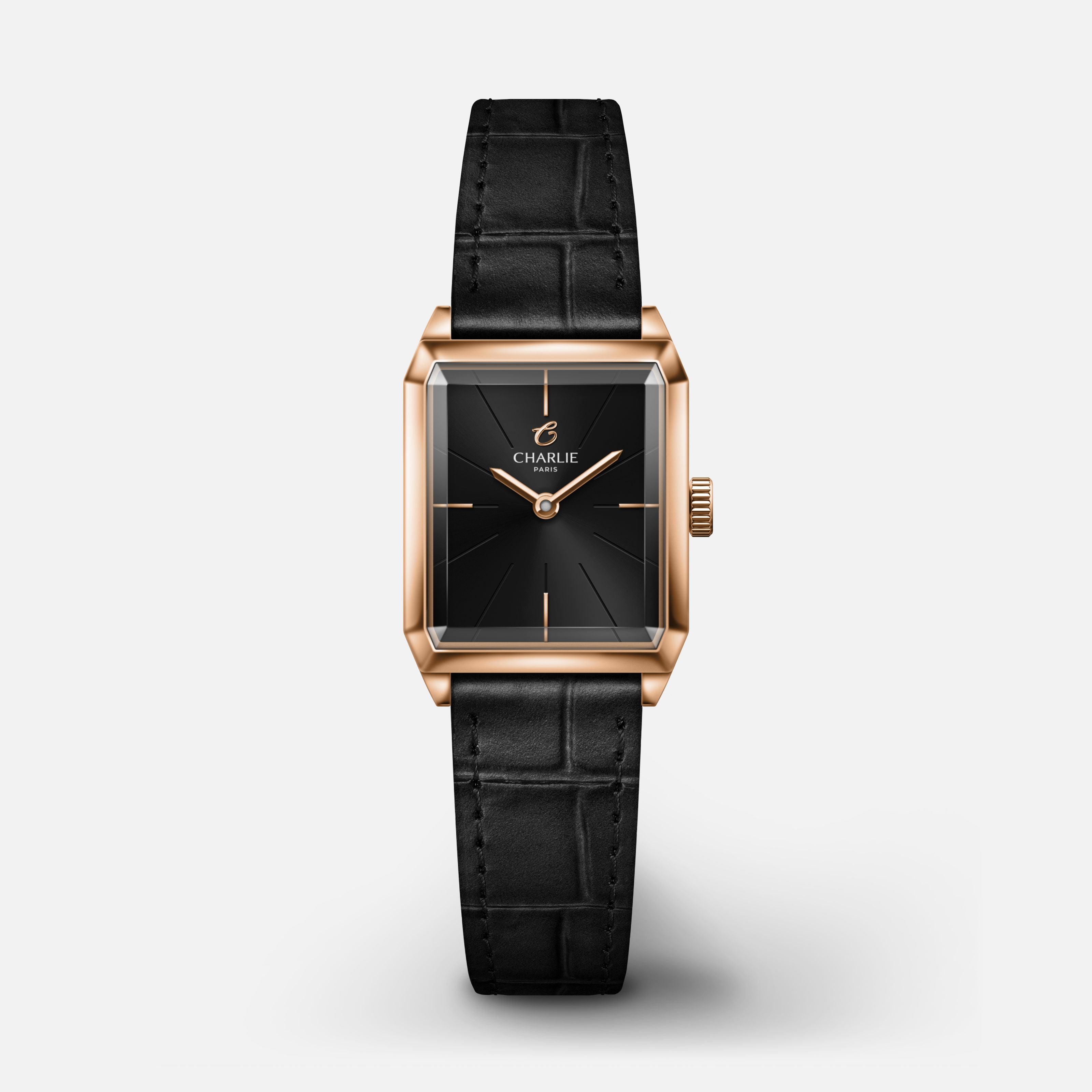 MONCEAU - Quartz - Doré rose & Noir Montres CHARLIE Cuir crocograin noir