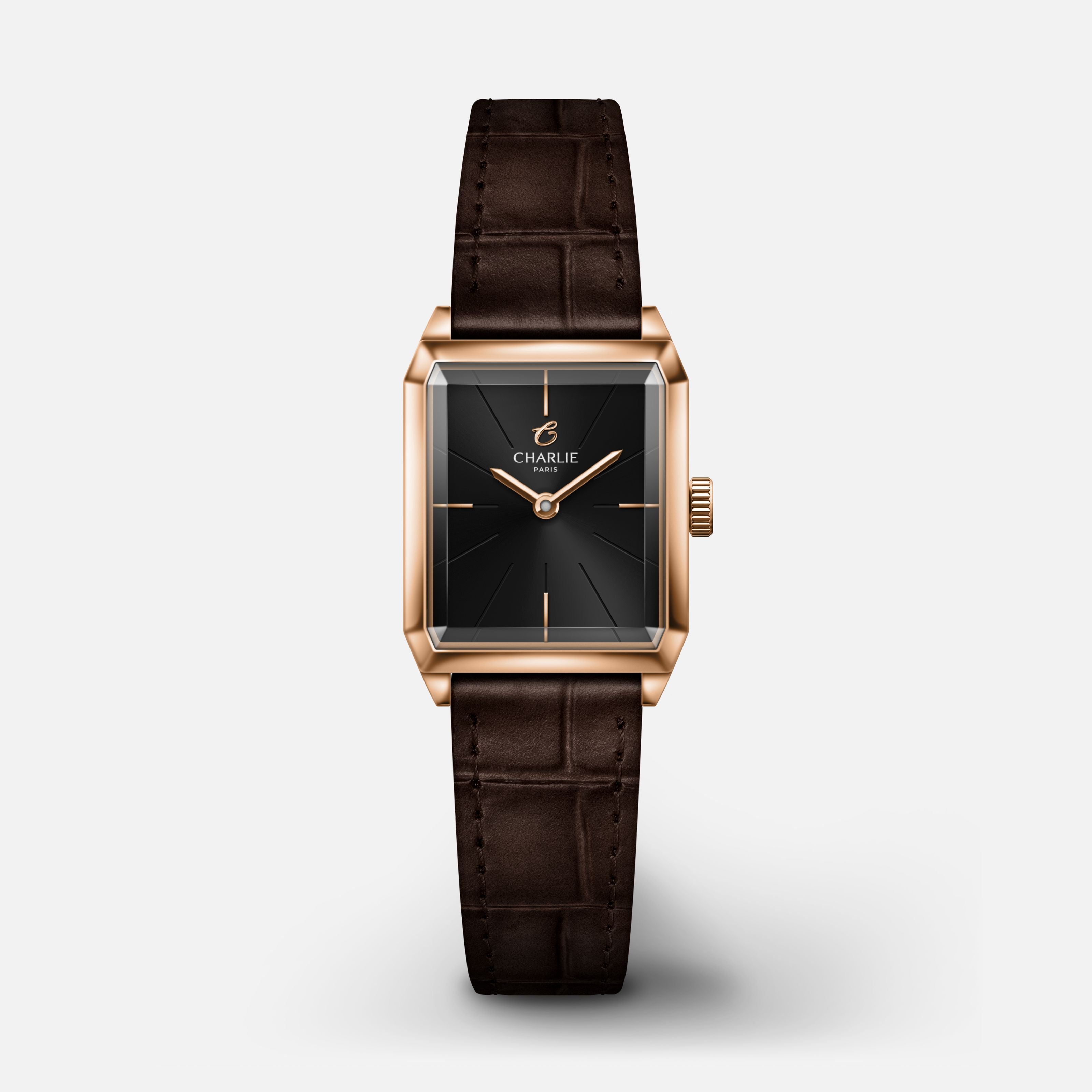 MONCEAU - Quartz - Doré rose & Noir Montres CHARLIE Cuir crocograin marron