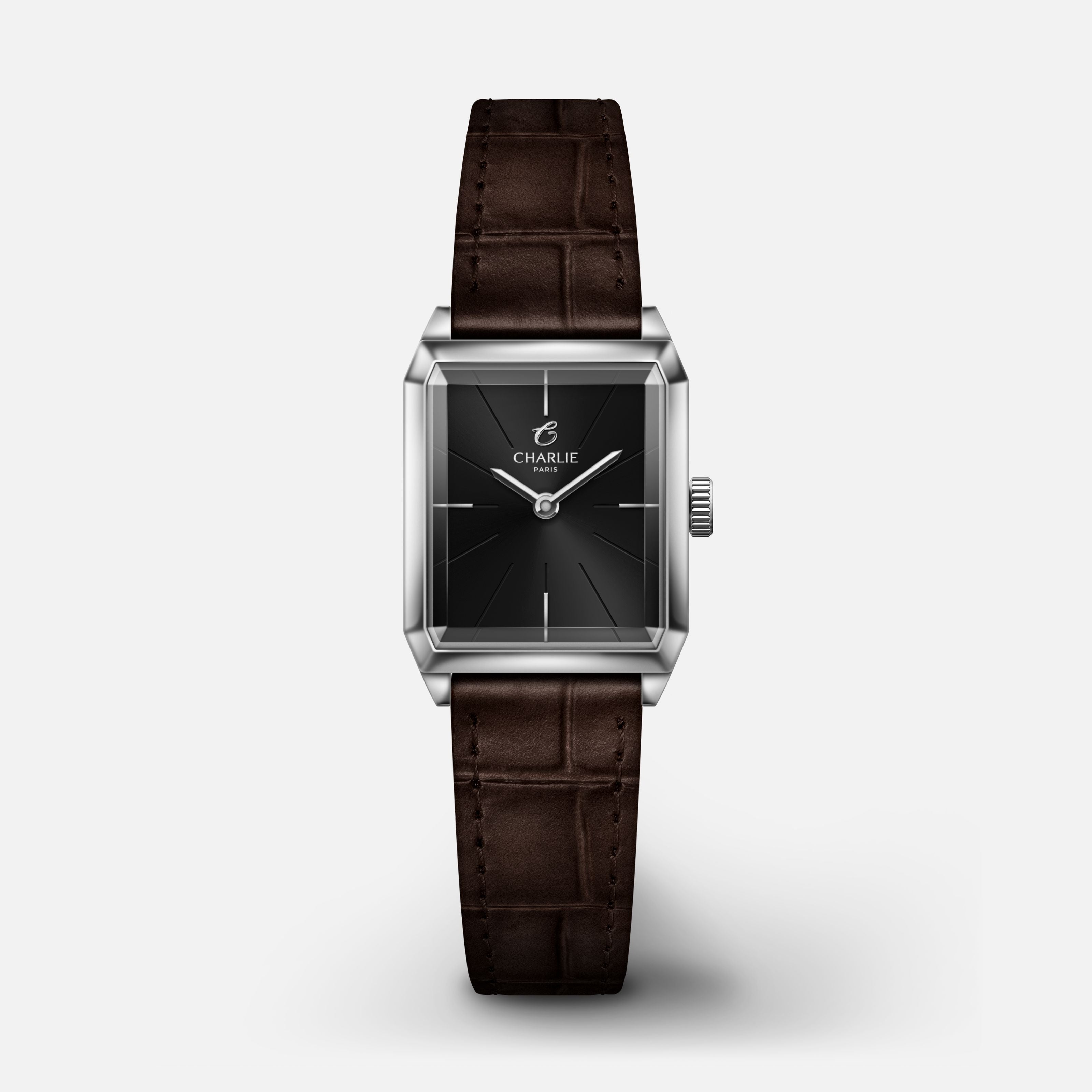 MONCEAU - Quartz - Acier & Noir Montres CHARLIE Cuir crocograin marron