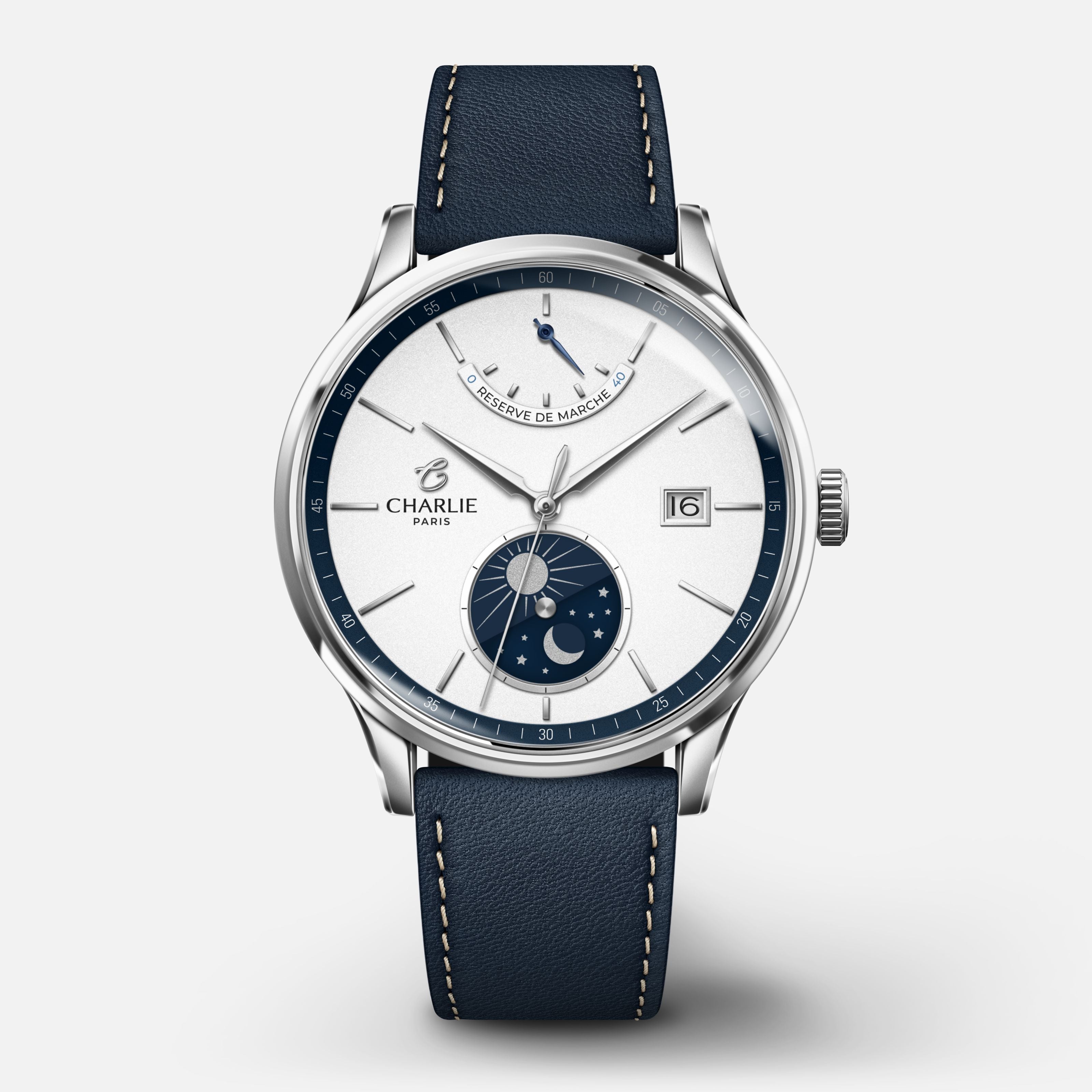 INITIAL - Automatique Jour/Nuit - Panda blanc & bleu Montres CHARLIE Cuir bleu