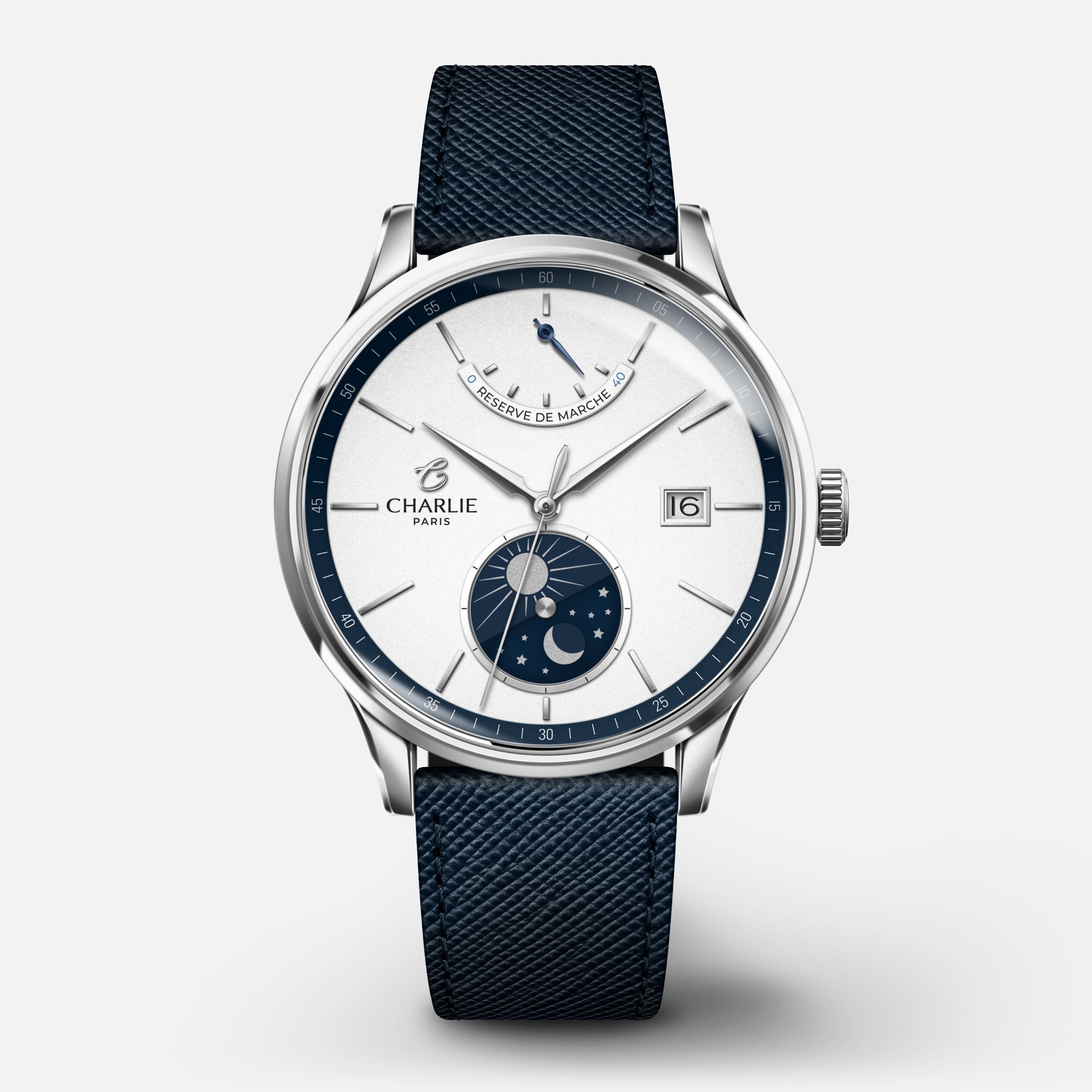 INITIAL - Automatique Jour/Nuit - Panda blanc & bleu Montres CHARLIE Cuir saffiano bleu