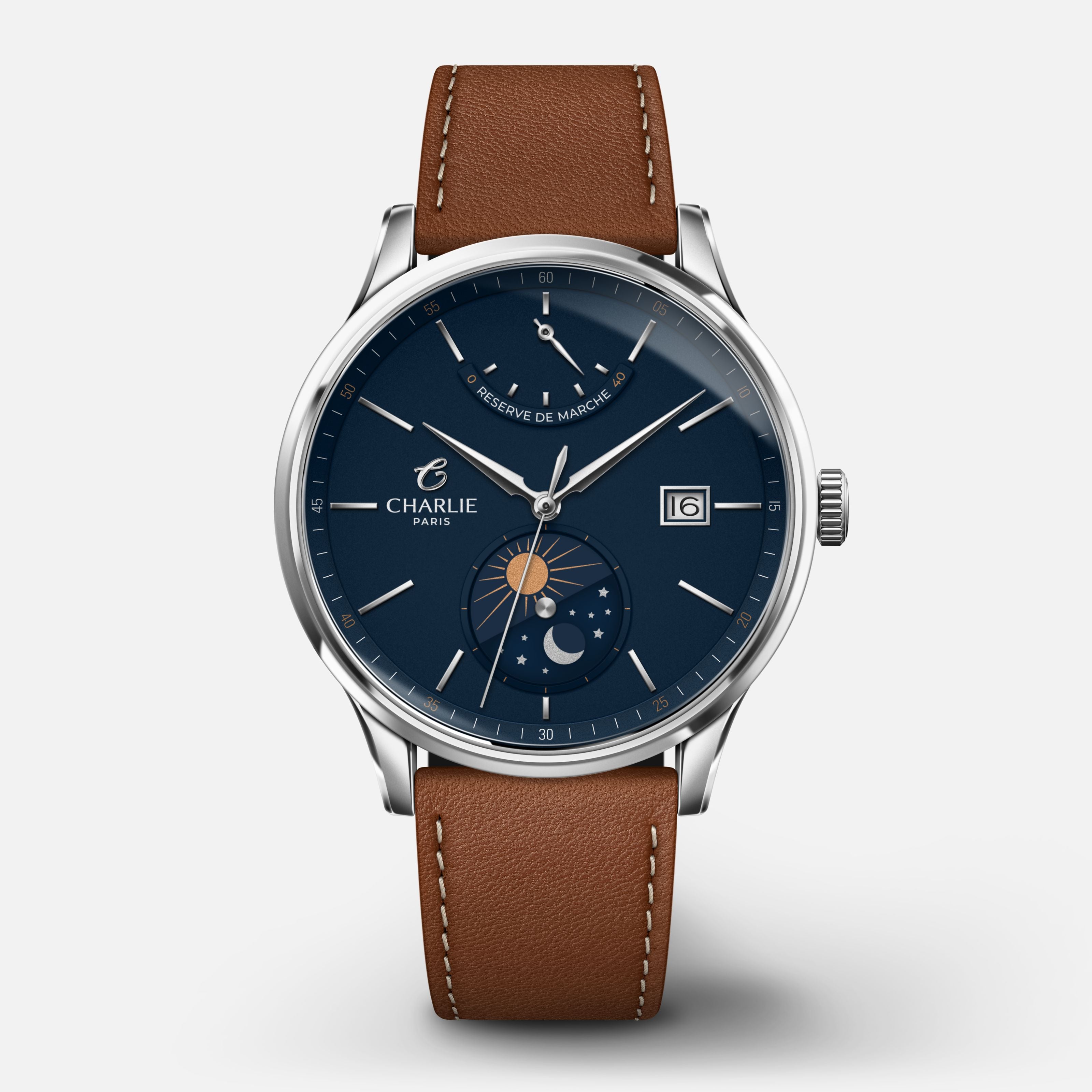 INITIAL - Automatique Jour/Nuit - Bleu Montres CHARLIE Cuir marron