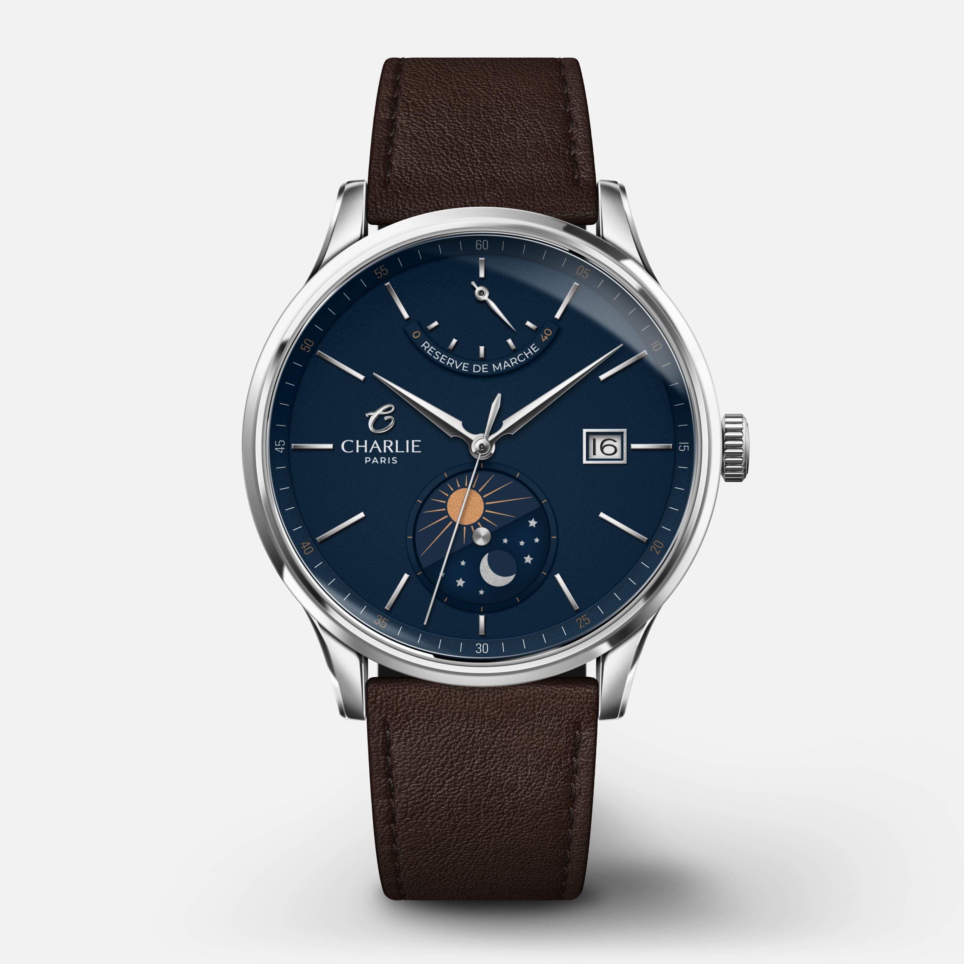 INITIAL - Automatique Jour/Nuit - Bleu Montres CHARLIE Cuir chocolat