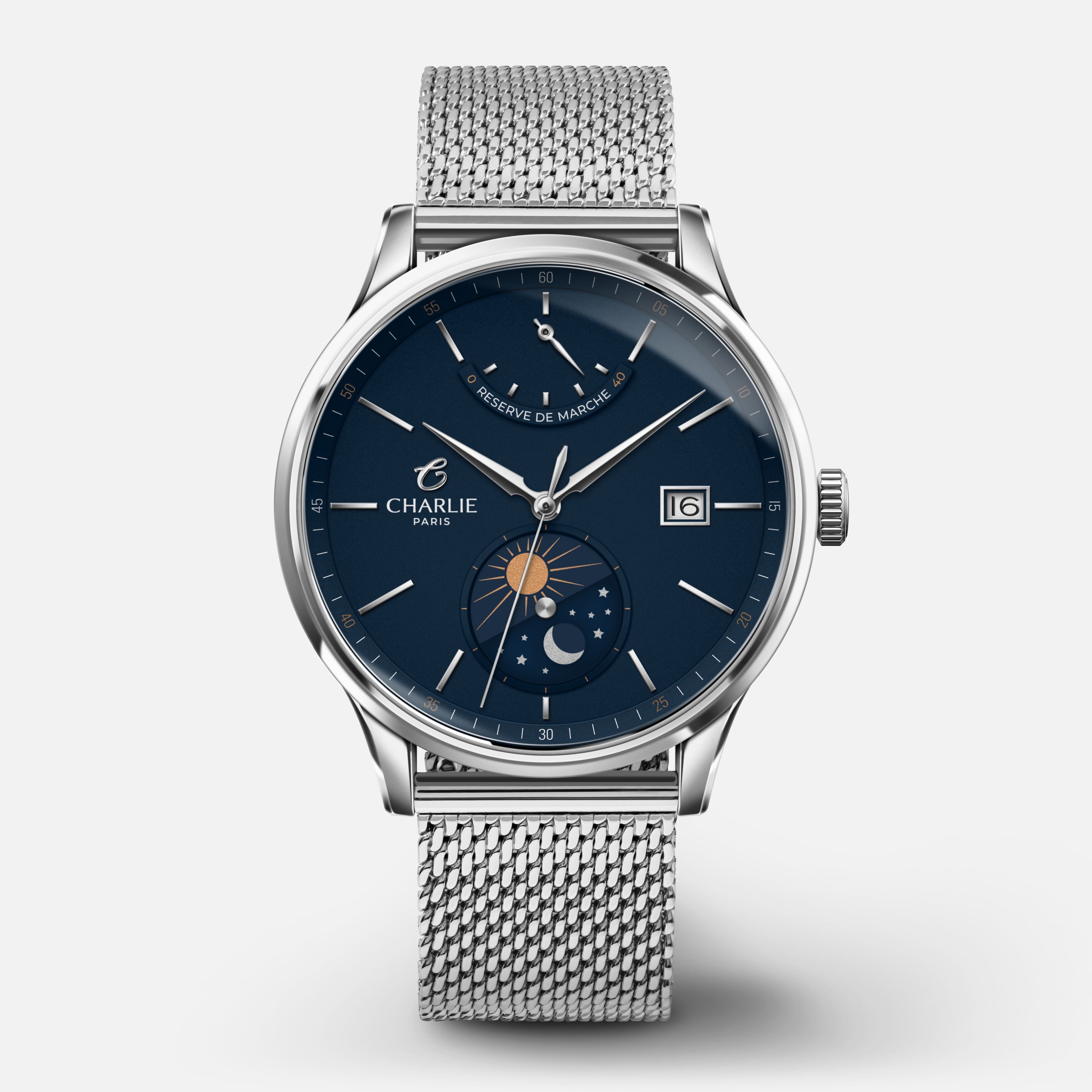 INITIAL - Automatique Jour/Nuit - Bleu Montres CHARLIE Maille milanaise