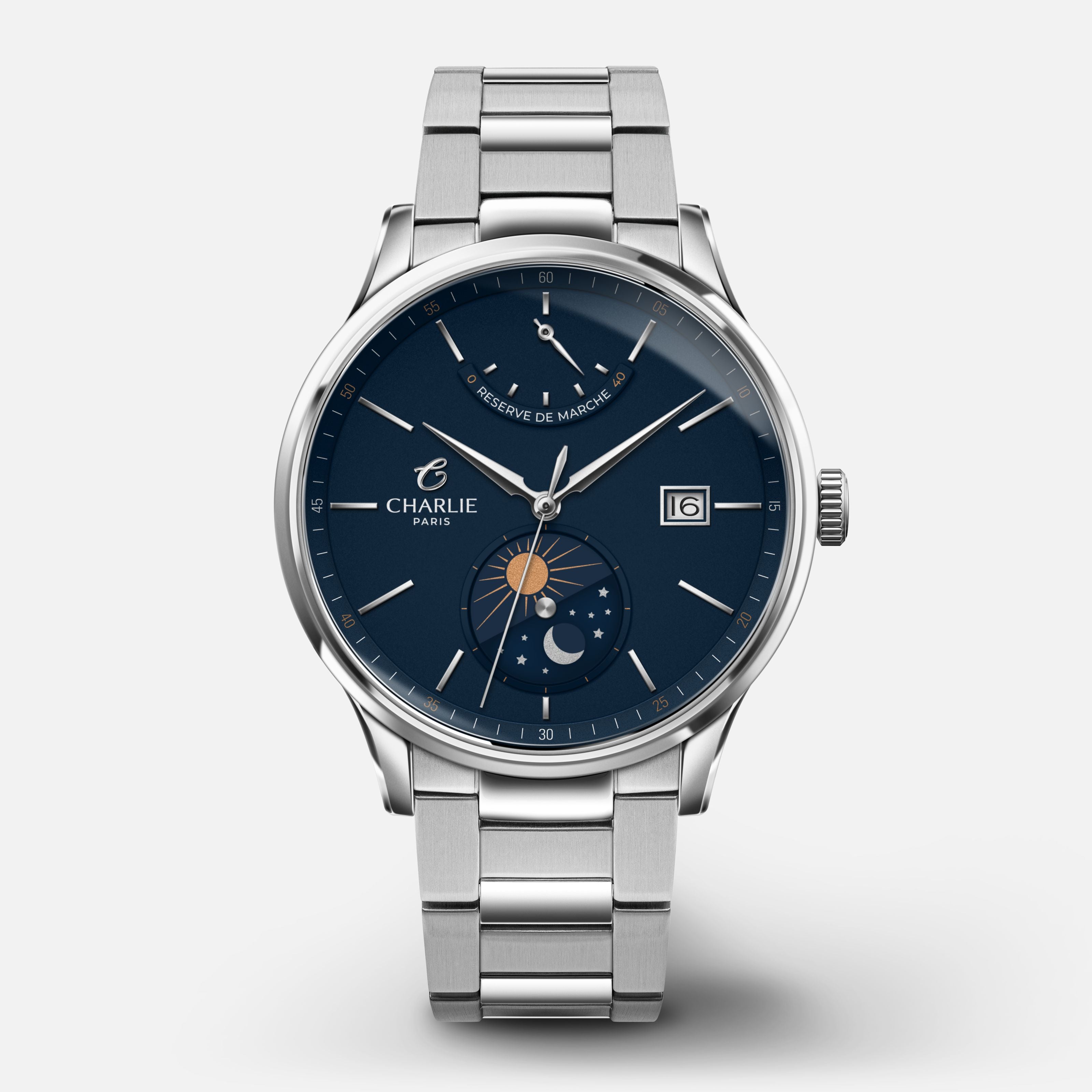 INITIAL - Automatique Jour/Nuit - Bleu Montres CHARLIE Acier 3 maillons