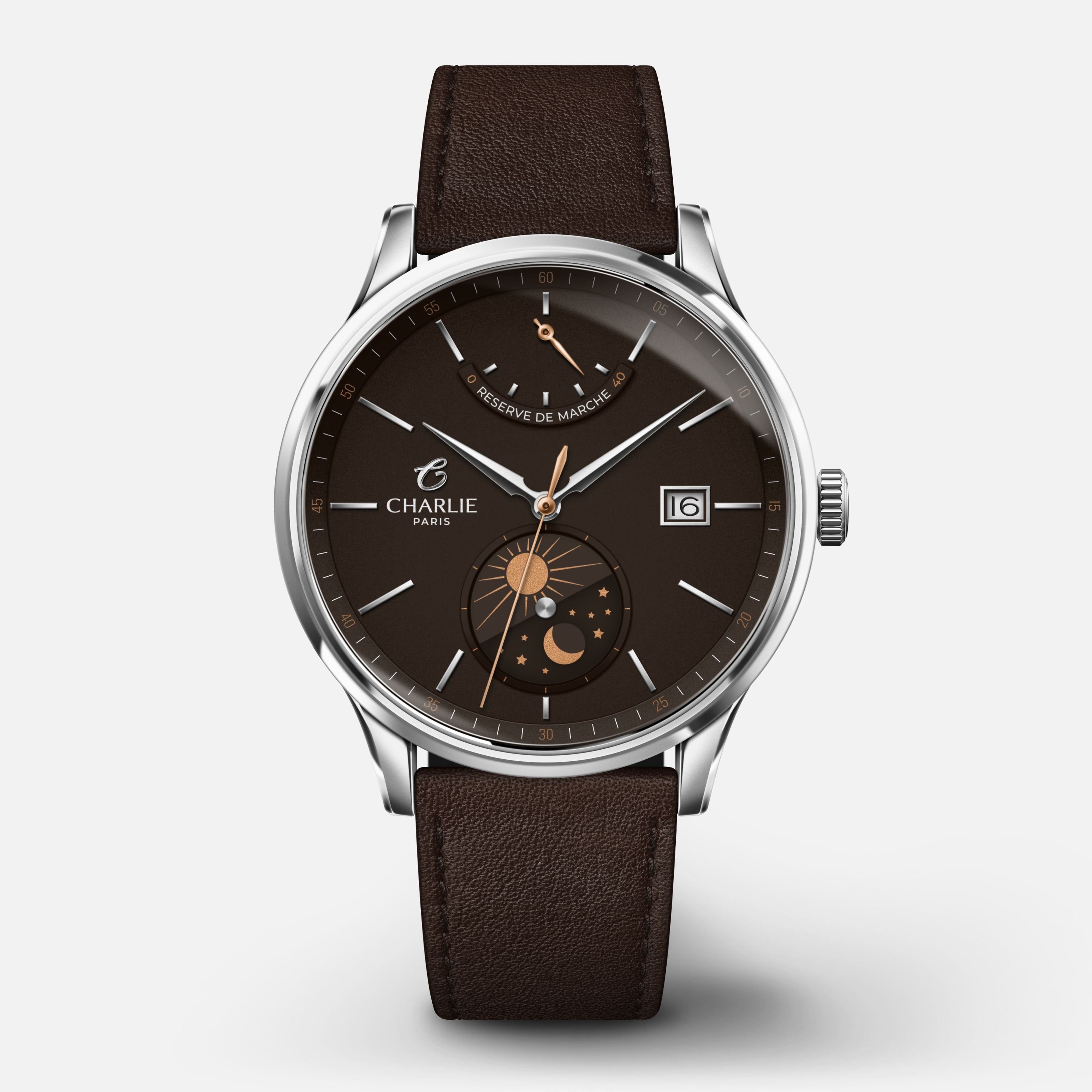 INITIAL - Automatique Jour/Nuit - Brun Montres CHARLIE Cuir chocolat