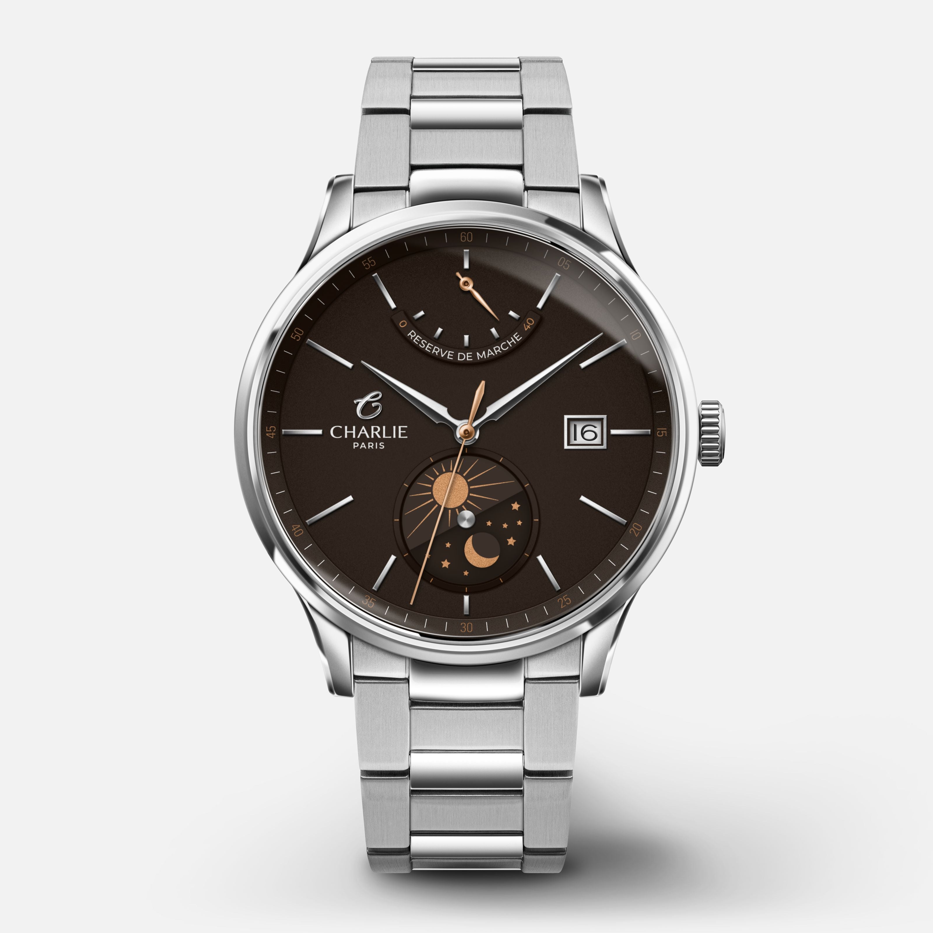 INITIAL - Automatique Jour/Nuit - Brun Montres CHARLIE Acier 3 maillons