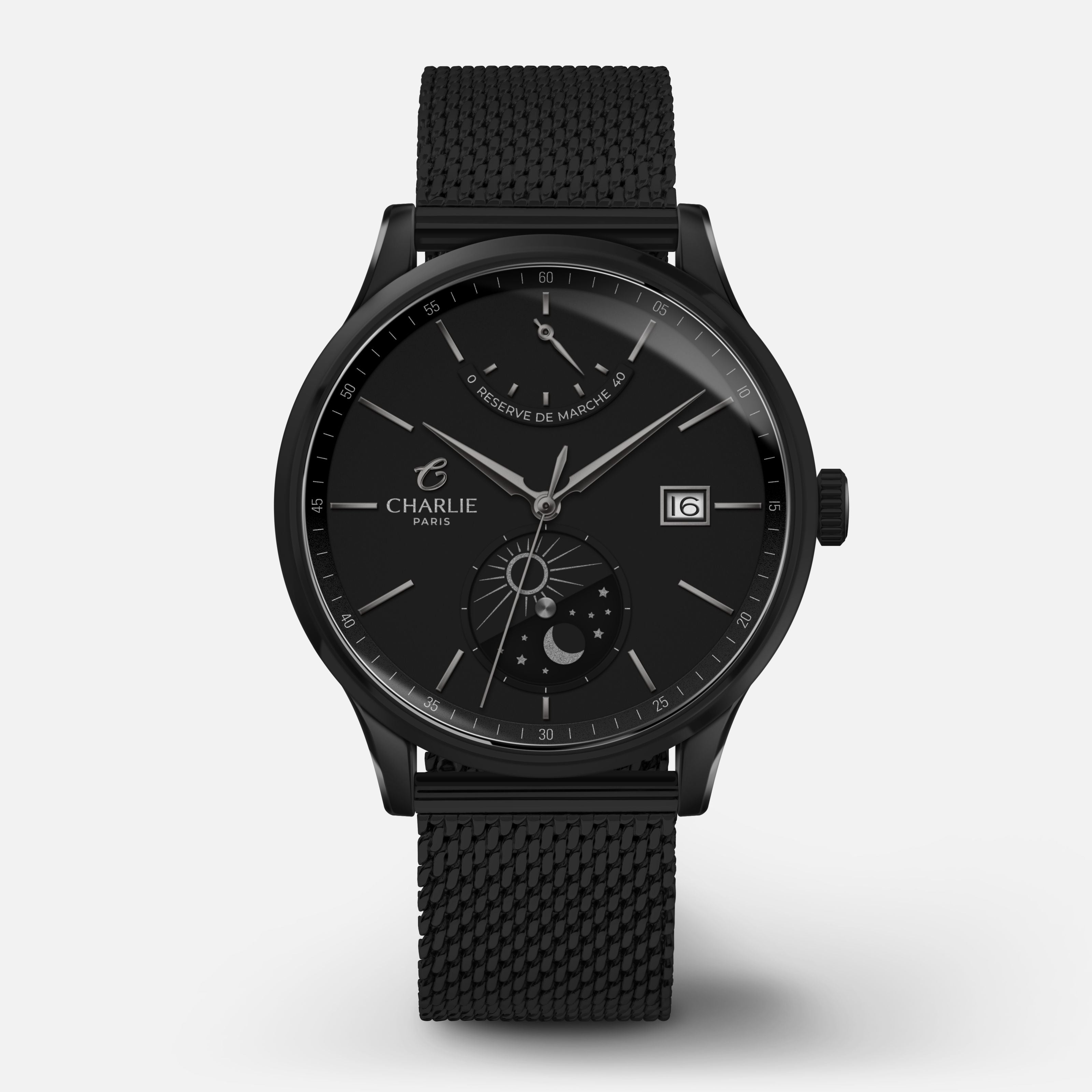 INITIAL - Automatique Jour/Nuit - Éclipse Montres CHARLIE Maille Milanaise noire