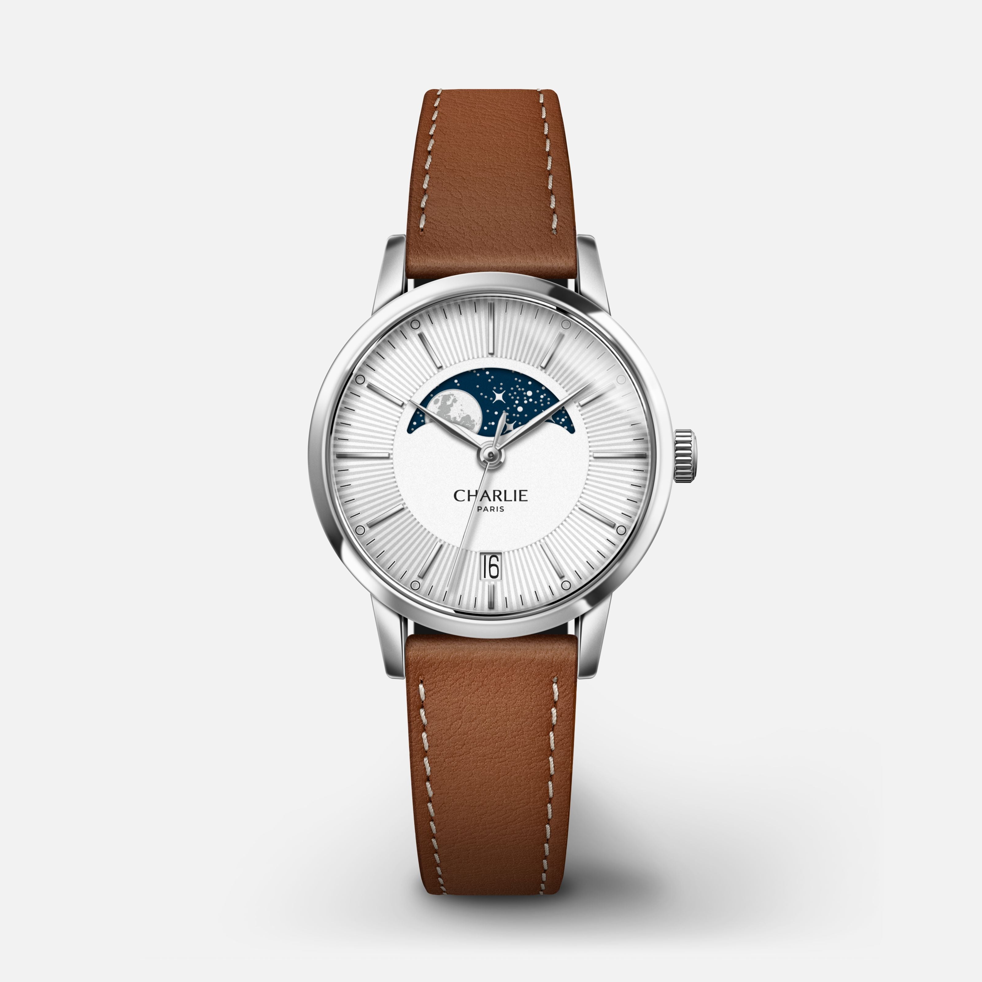 SULLY - Quartz Phase de Lune - Acier Montres CHARLIE Cuir marron
