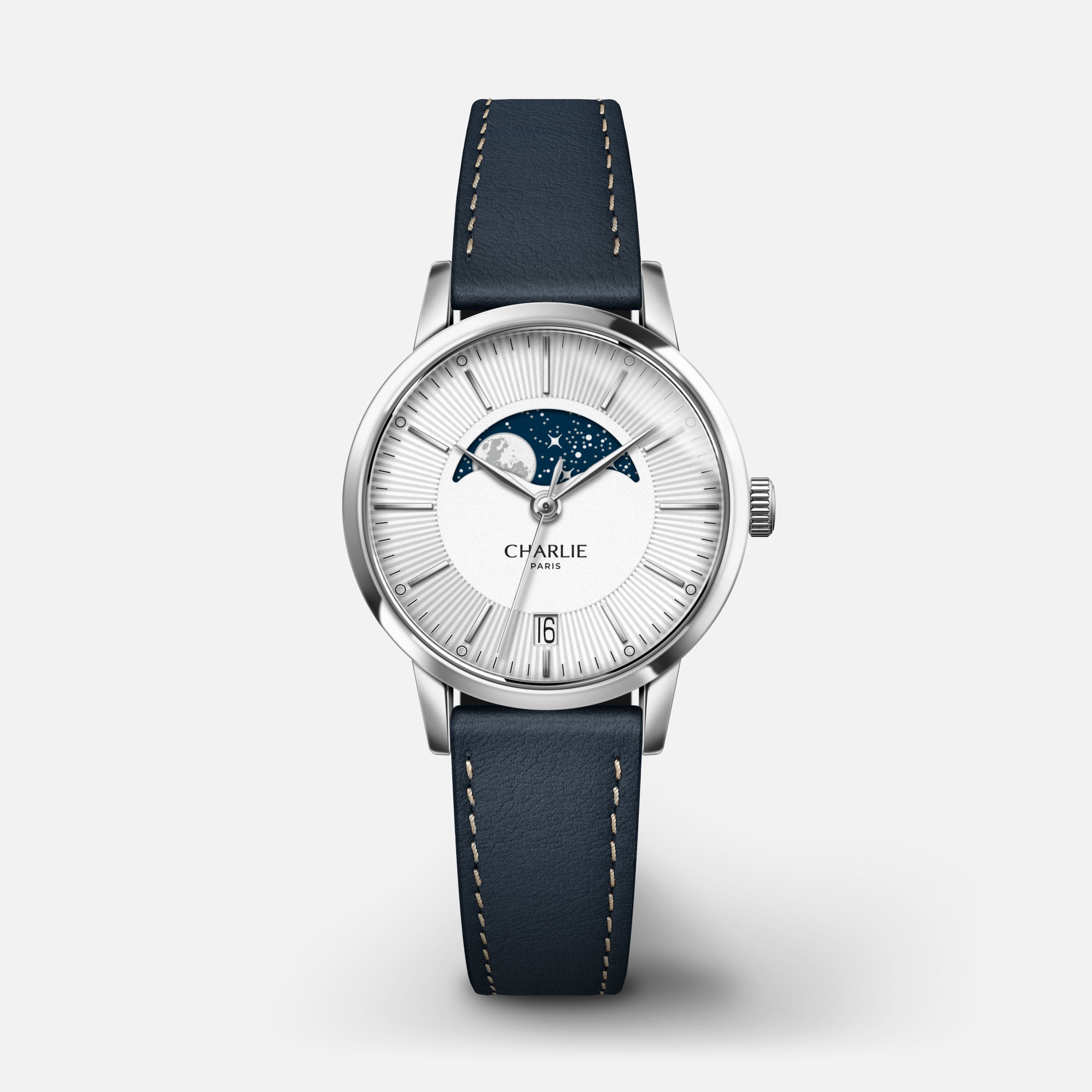 SULLY - Quartz Phase de Lune - Acier Montres CHARLIE Cuir bleu