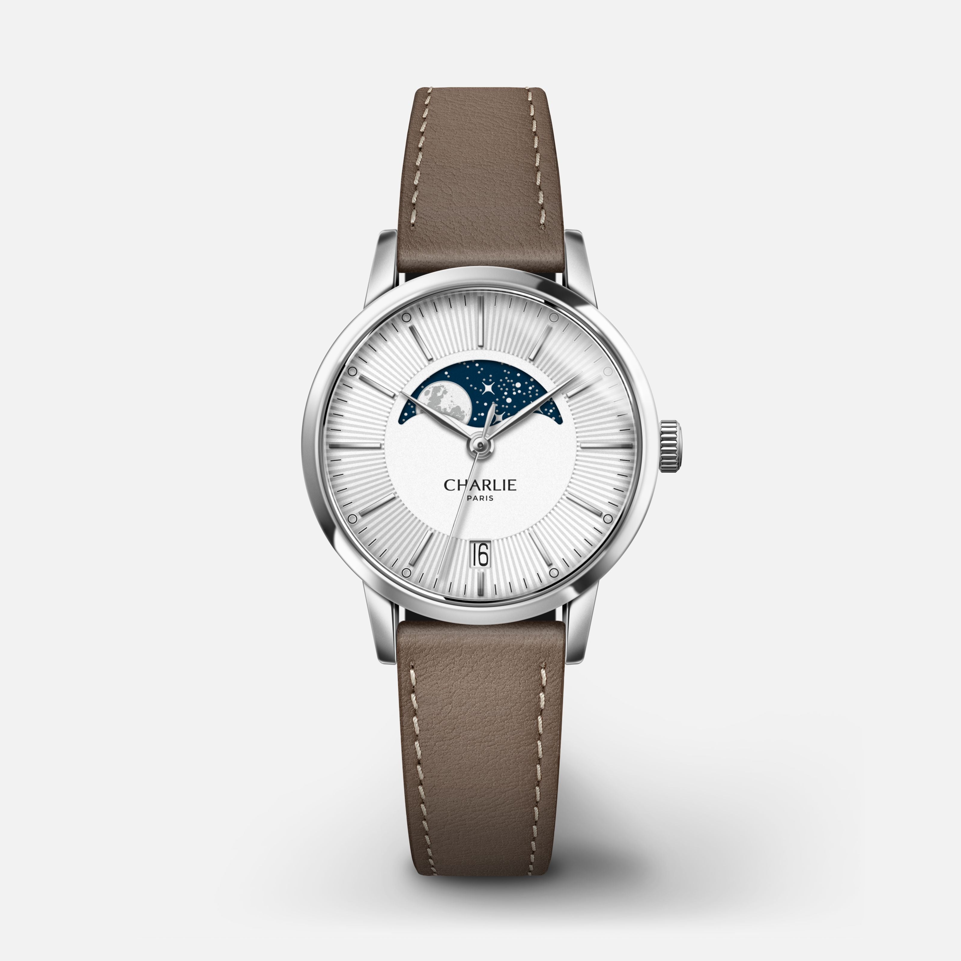 SULLY - Quartz Phase de Lune - Acier Montres CHARLIE Cuir taupe