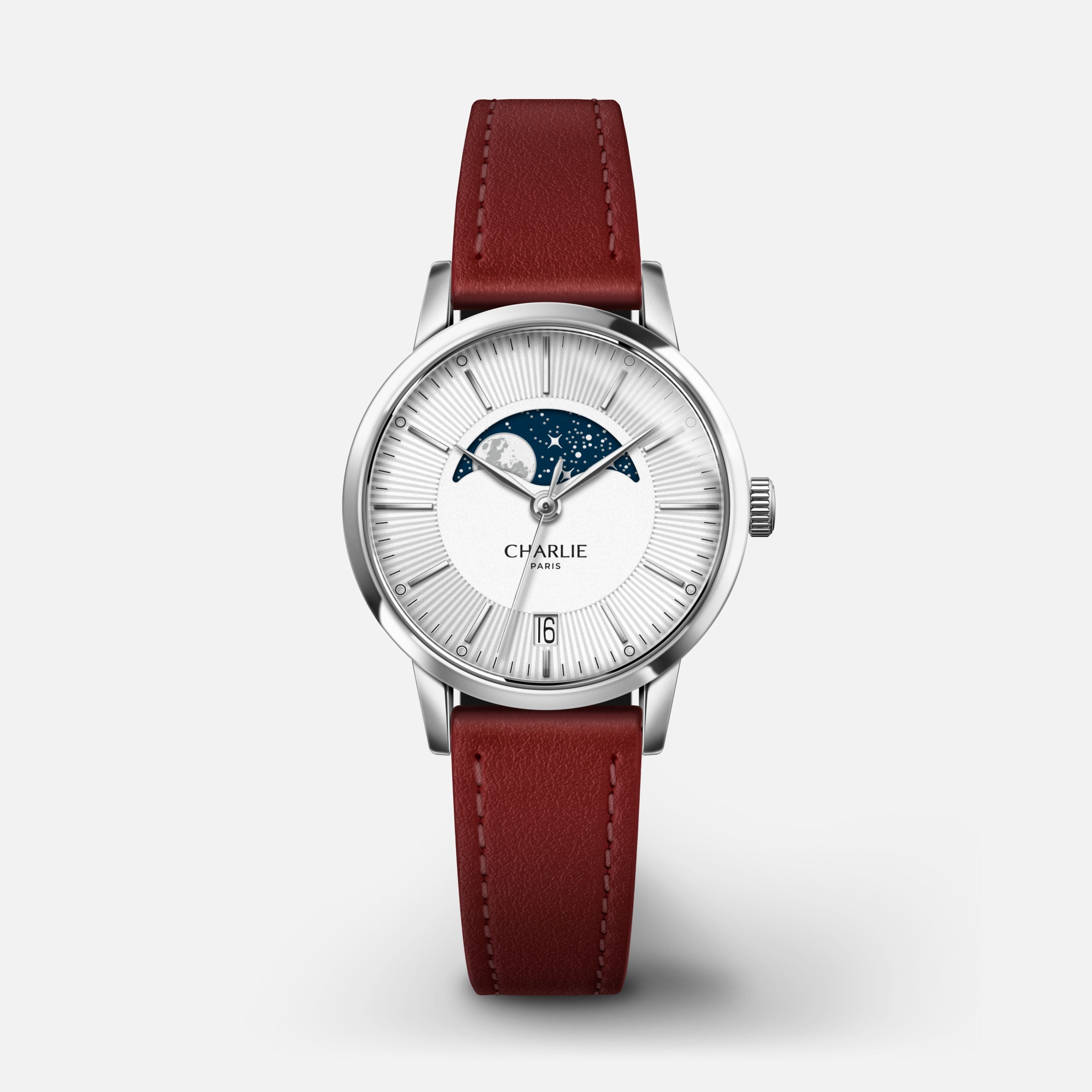 SULLY - Quartz Phase de Lune - Acier Montres CHARLIE Cuir bordeaux