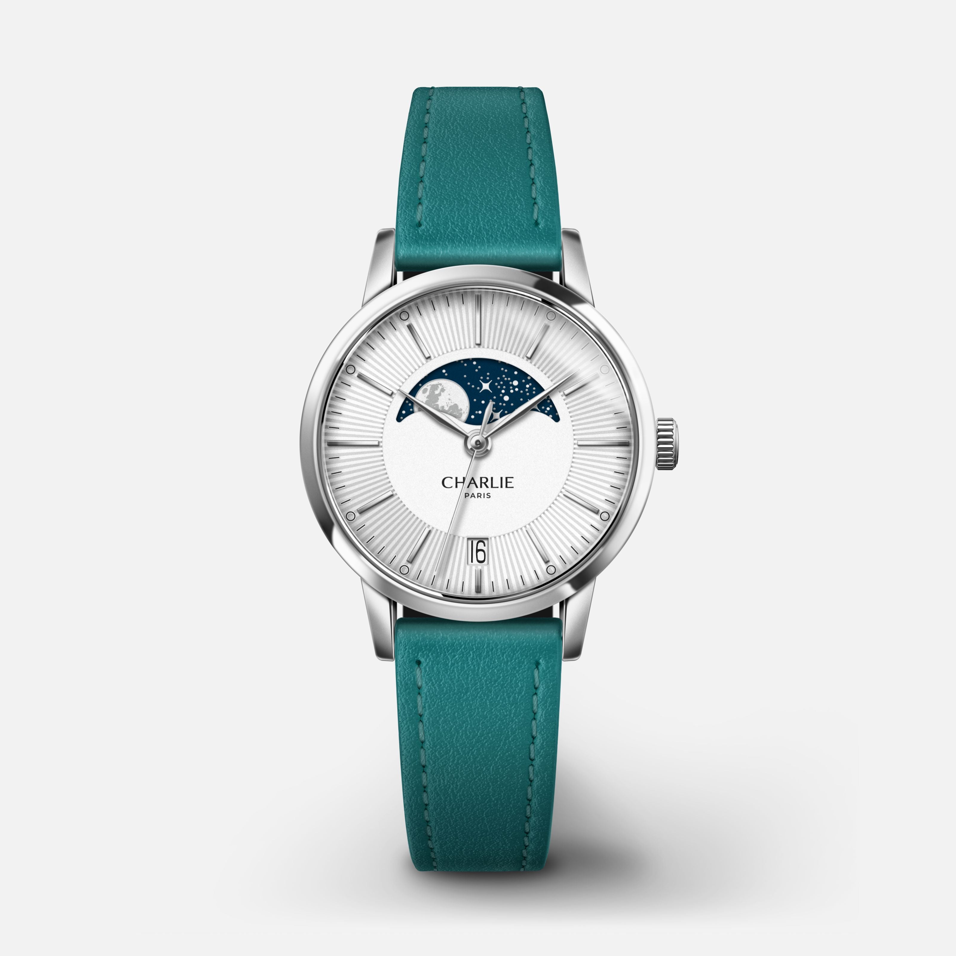 SULLY - Quartz Phase de Lune - Acier Montres CHARLIE Cuir paon