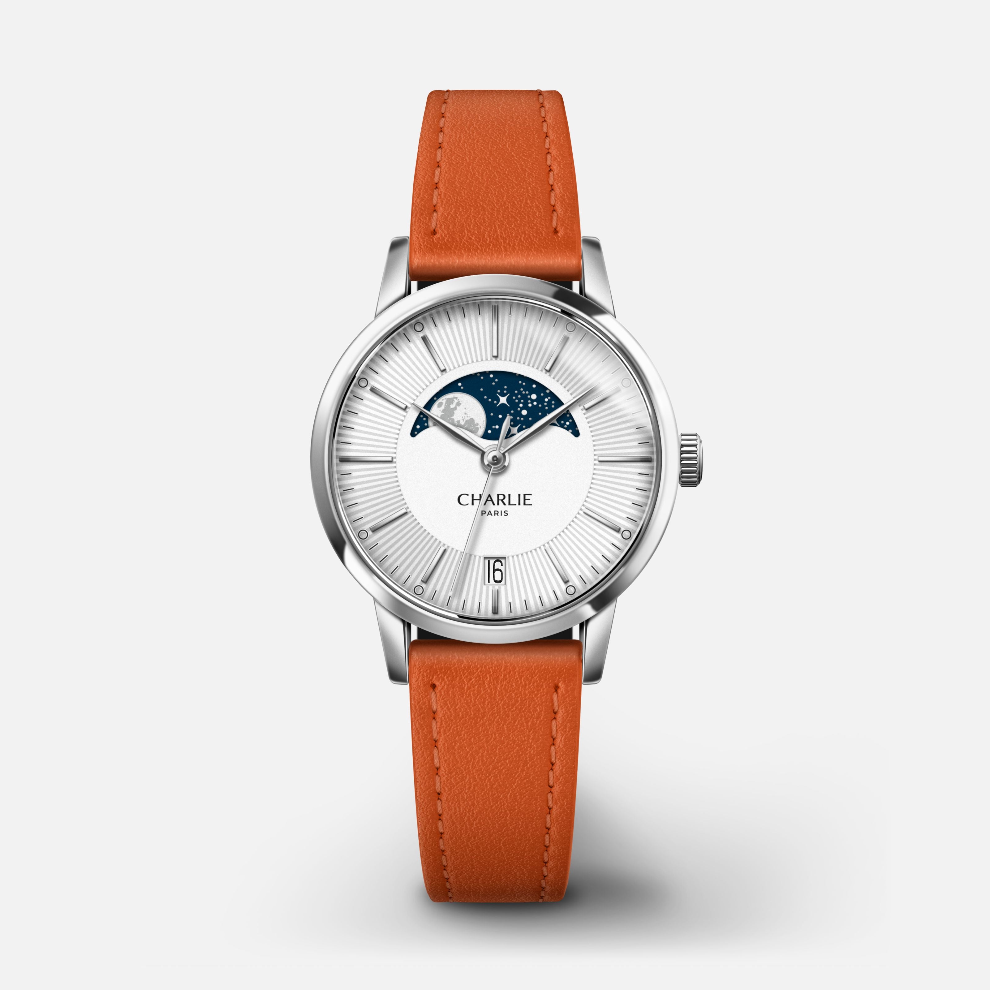 SULLY - Quartz Phase de Lune - Acier Montres CHARLIE Cuir mandarine
